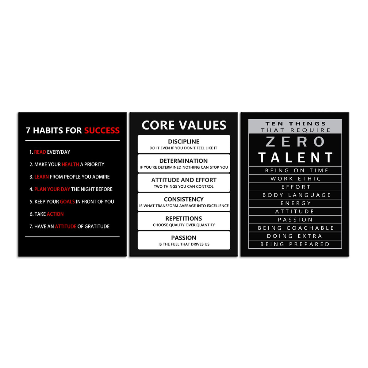 Inspirational Canvas Wall Art 3 Pieces Core Values Poster Motivational Ten Things That Require Zero Talent Canvas Artwork Picture Print Framed for Home Office Living Room Gym Wall Decor [36''Wx 16''H]