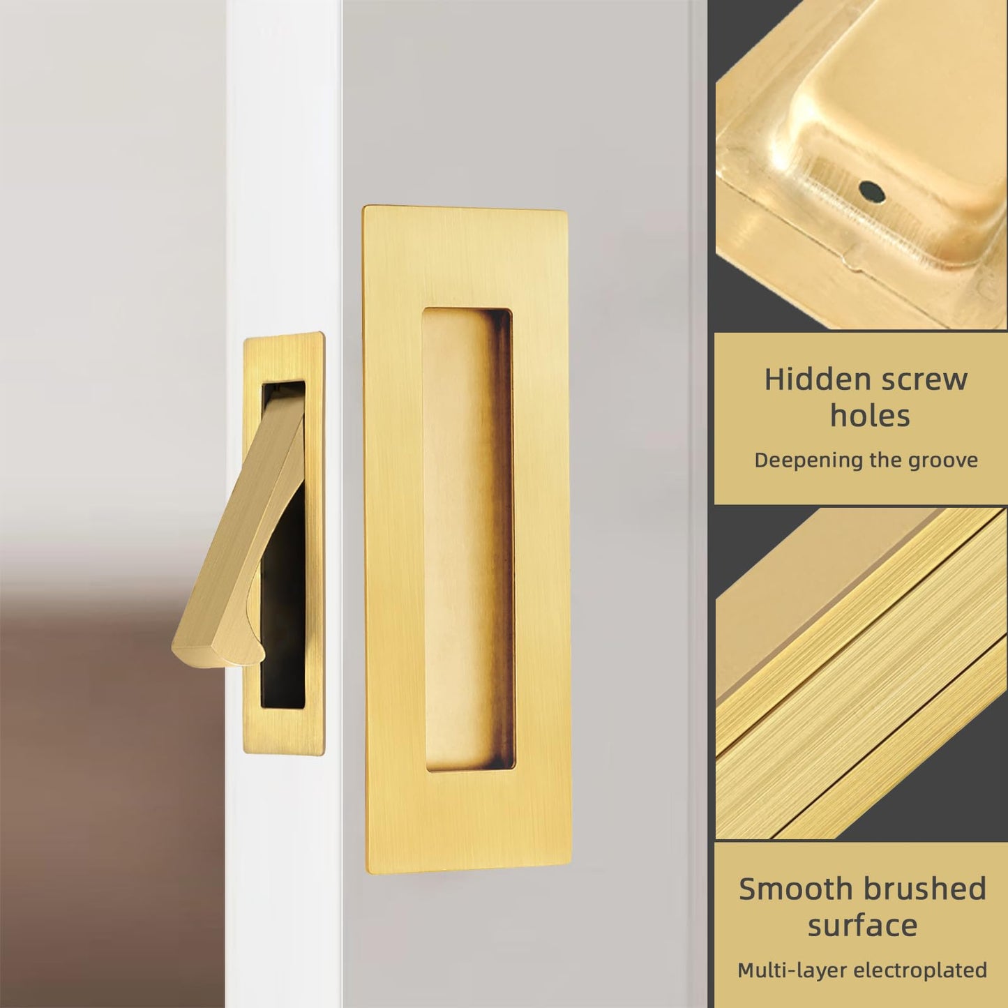 senharvest Pocket Door Handles and Edge Pull Brushed Brass, 6Inch Handles Hardware Latch,Recessed Finger Flush Pulls,for Closet,Sliding,Barn Door