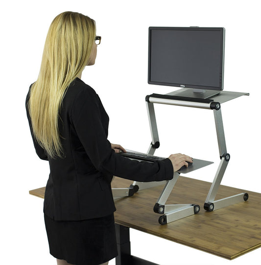 WorkEZ Adjustable Standing Desk Converter, Sit to Stand Desk Riser, Standing Desk for Laptop Monitor, Adjustable Height & Angle Negative Tilt, Silver