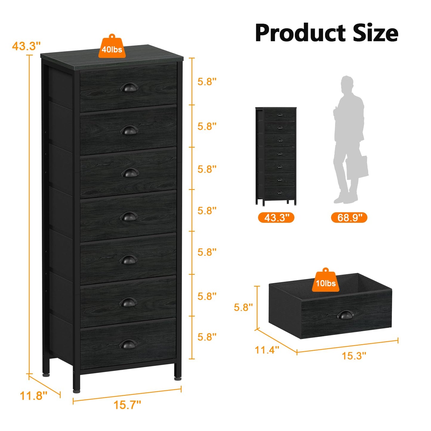 Furnulem Bedroom Dresser, Tall Chests of Drawers with 7 Fabric Bins, Black Organizer in Closet, Dorm, Living Room, Nursery, Hallyway-Storage Tower Unit, Sturdy Steel Frame