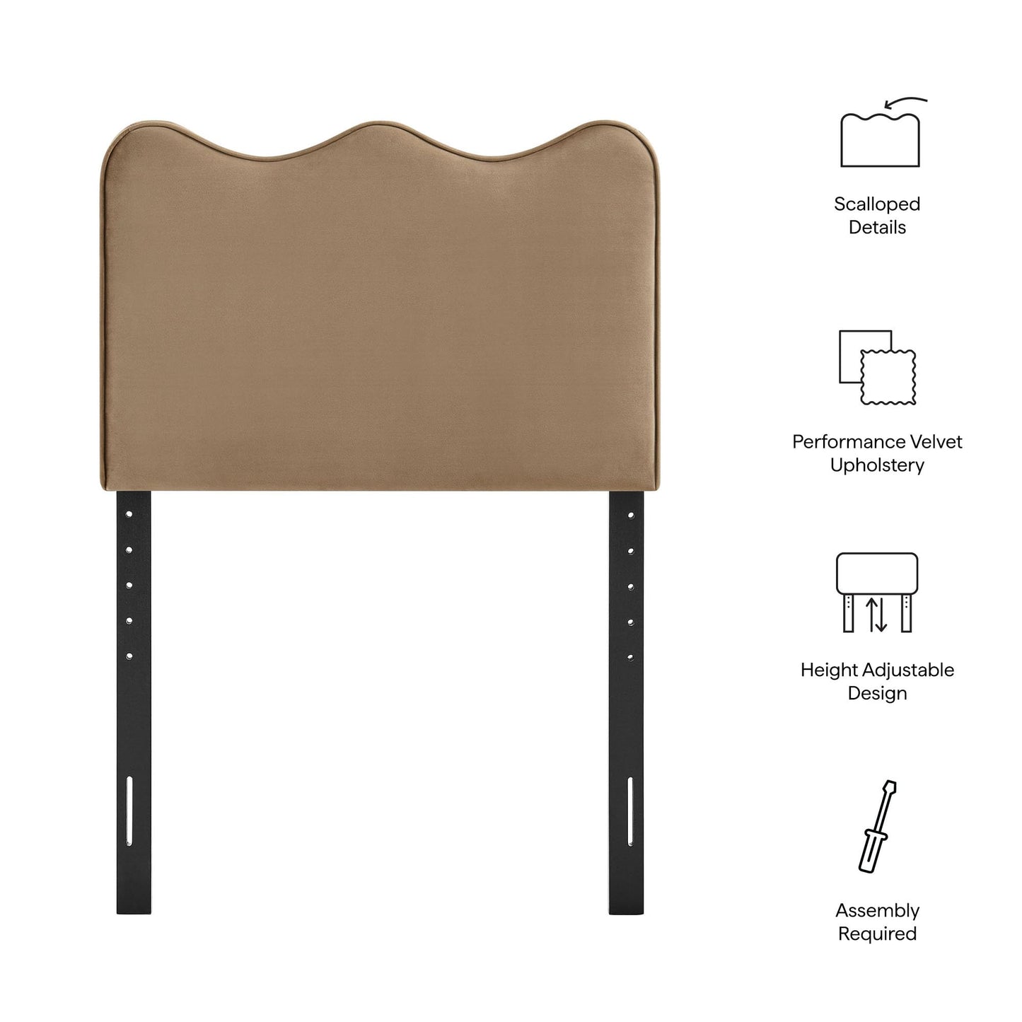 Monday Athena Twin Size Performance Velvet Adjustable Headboard in Taupe - with Scalloped Wave Design and Stain-Resistant Velvet Upholstery