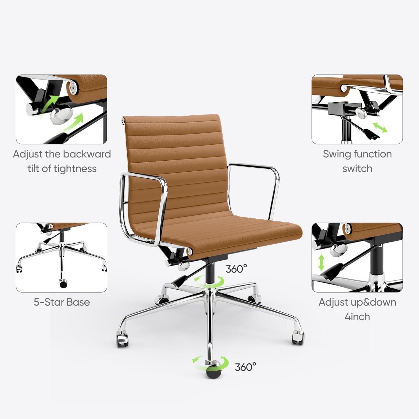 OTDMEL Ribbed Office Chair with Top Grain Leather - Mid Back Ergonomic Desk Chair with Aluminum Arms & Frame, Swivel Wheels & Tilt Function, Adjustable Height Light Brown, Mid-Back
