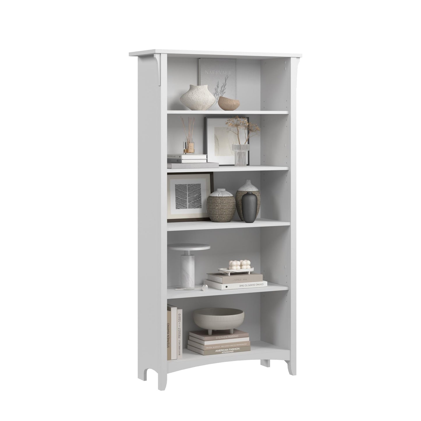 Bush Furniture Salinas 5 Shelf Bookcase in Pure White, Tall Bookshelf, Large Book Shelf for Living Room, Home Office, or Entryway