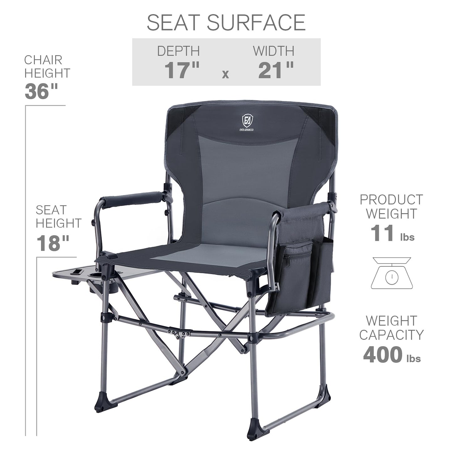 EVER ADVANCED Camping Directors' Chair with Side Table, Portable Folding Chair with Compact Size, Heavy Duty with Pocket for Camping, Lawn, Sports and Fishing, 400lbs, Gray 2 Pack