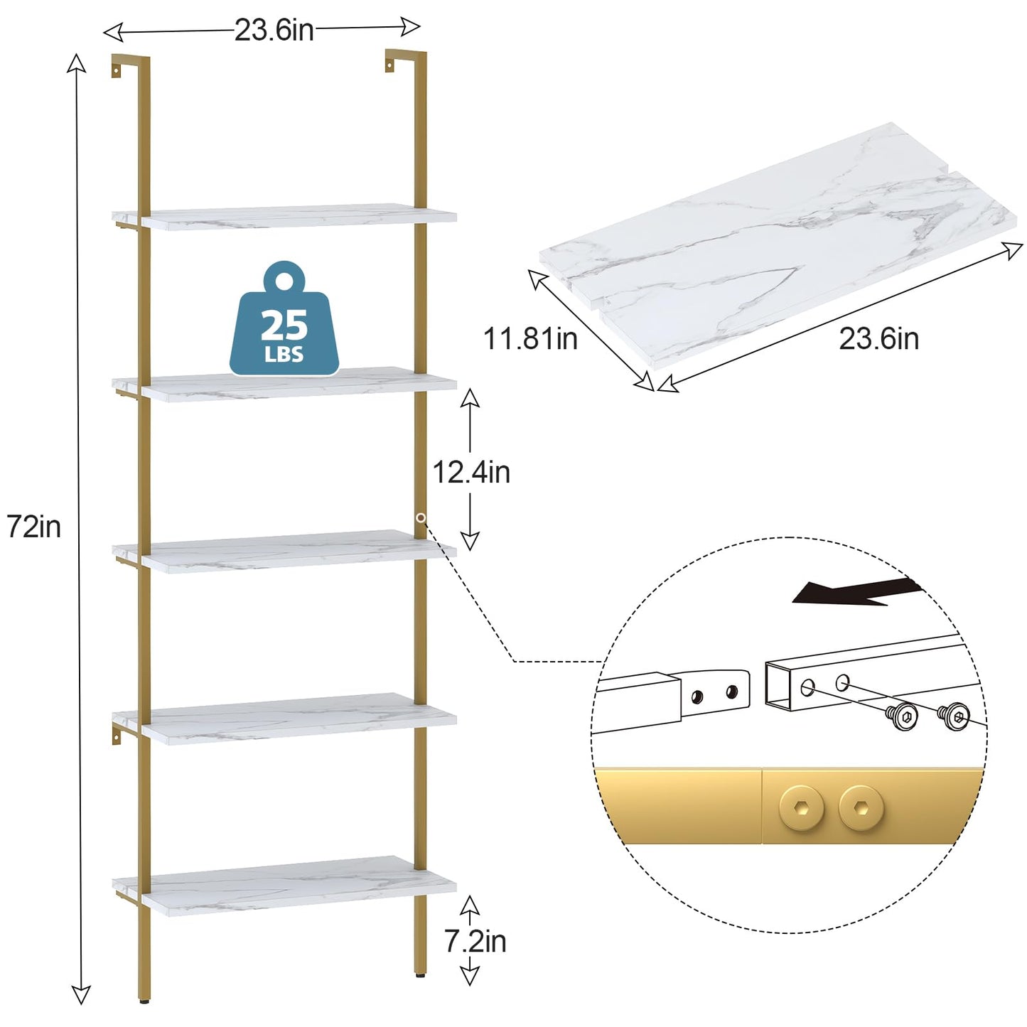 aboxoo Ladder Shelf White Marble Bookshelf 5-Tier Wall-Mounted Wood Rack Industrial Modern Plant Flower Stand Utility Organizer Open Bookcase Metal Frame Furniture Office Kitchen Bedroom