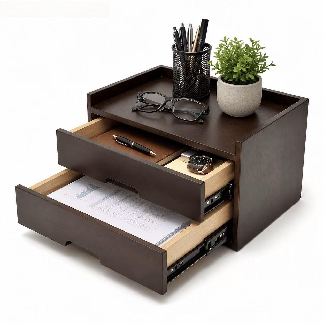 Gphudpzdl Solid Wood Desk Organizer with Drawers, Wooden Desk Storage Organizer with Smooth Slides, Filing A4 Paper File Organizer for Home Office, Bedroom & Makeup, Fully Assembled, Walnut Finish