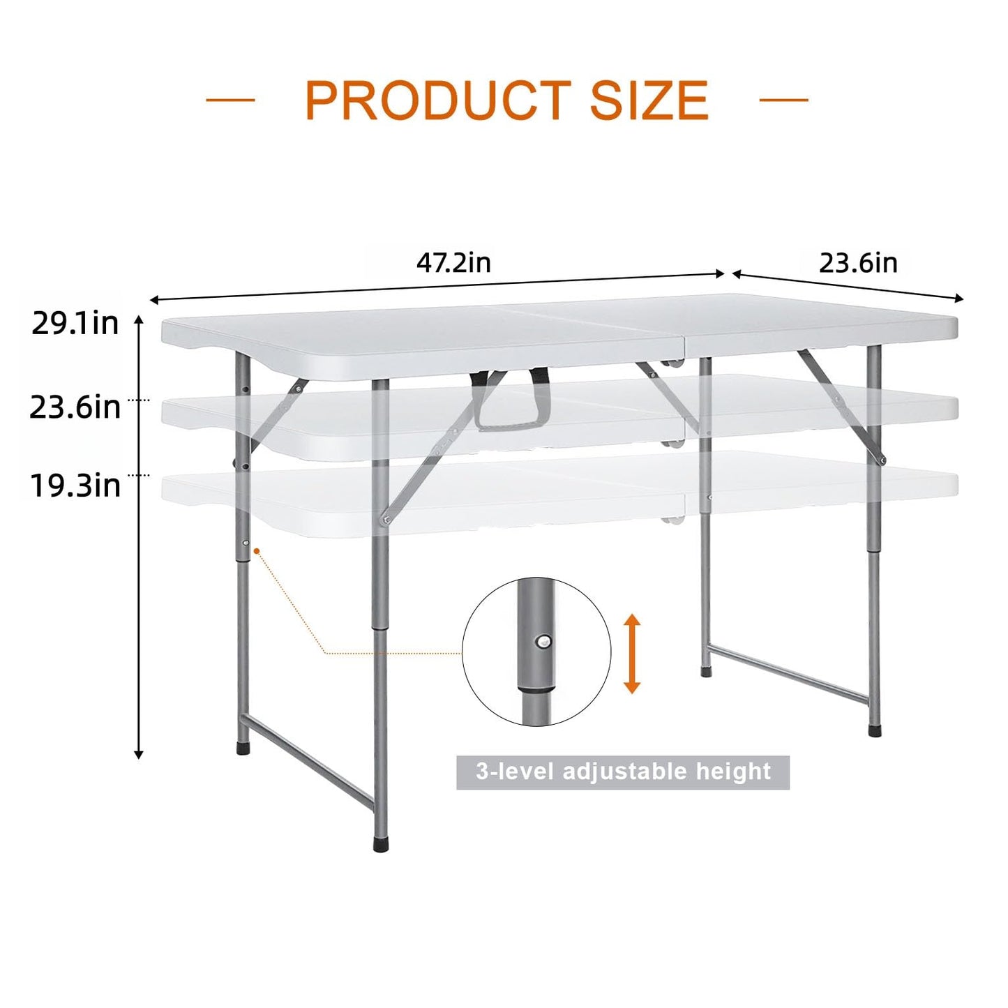 Vampire Killer FoldingTable 4 Foot Portable Heavy Duty Plastic Table and Adjustable Height Folding with Carrying Handle,Indoor Outdoor with Kids Table, Picnic,Party,Camping White