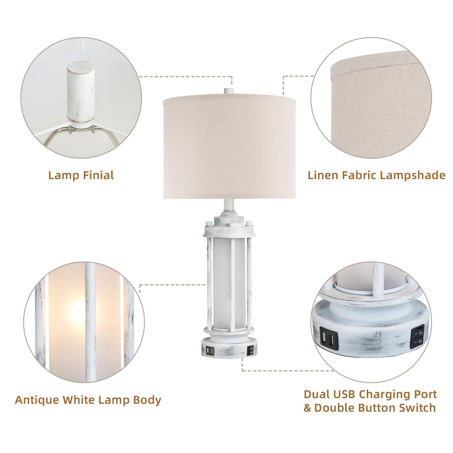 AIEAMPDO 25" Set of 2 Antique White Rustic Table Lamps 2 USB C+A Ports