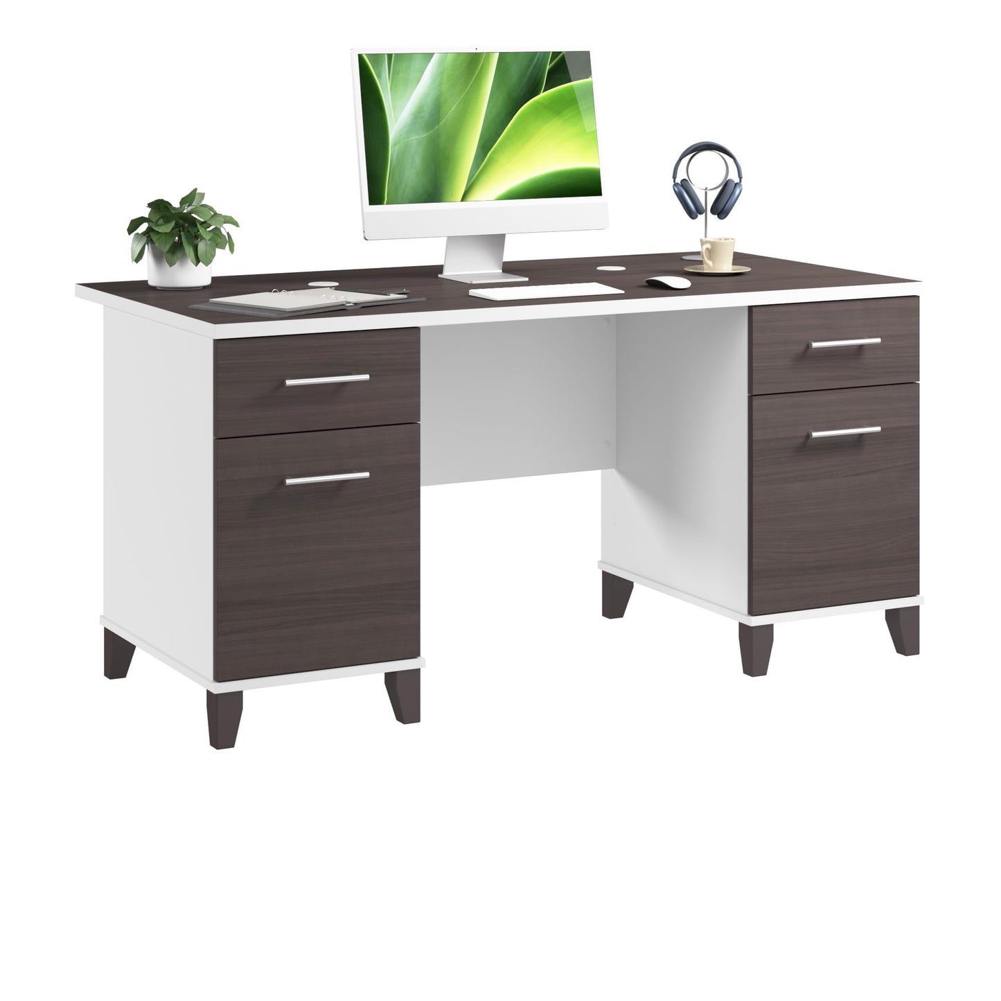 Bush Home 60-Inch Office Desk with Drawers, Computer Desk with File and Box Drawers, Home Office Workstation with Storage Cabinet, Writing Desk Furniture, Somerset Collection, Storm Gray and White
