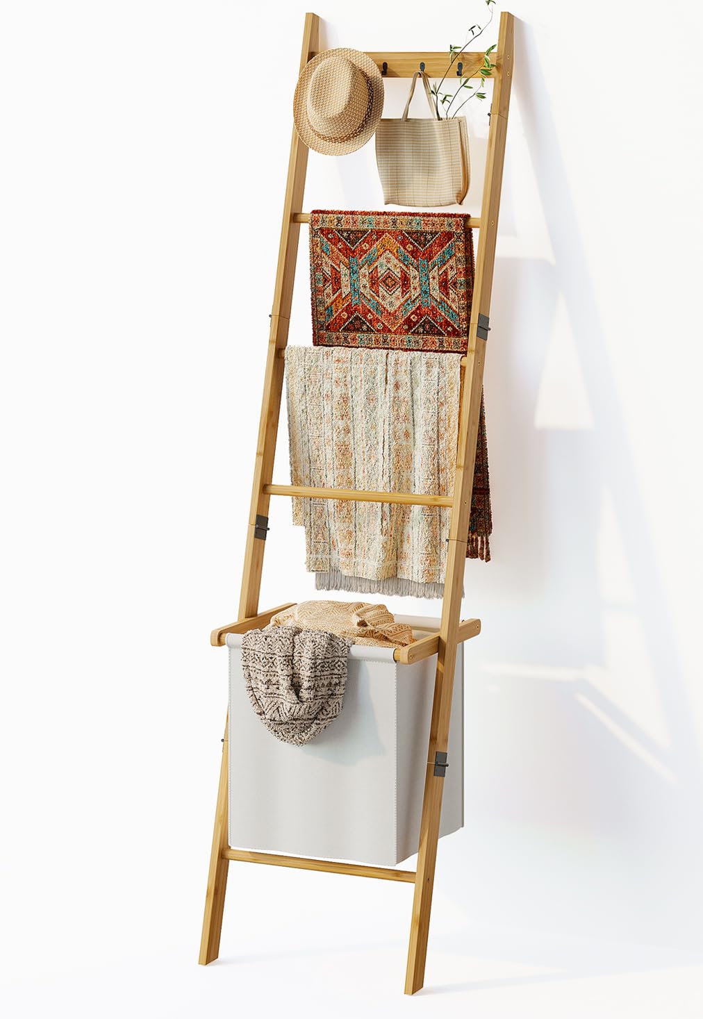 BAMBANG Bamboo Blanket Ladder with Basket, 5-Tier Quilt Rack Stand with 4 Hooks & Storage Hamper for Living Room Bathroom, Wall Leaning Decorative Ladder Shelf for Blankets Display (Natural)