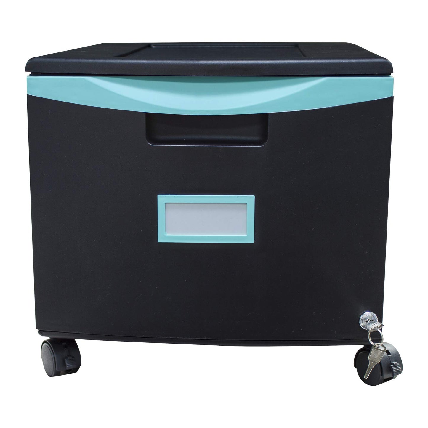 Storex Plastic One-Drawer File Cabinet – Locking Document Organizer with Casters for Home and Office, Black/Teal, 1-Pack (61270A01C)