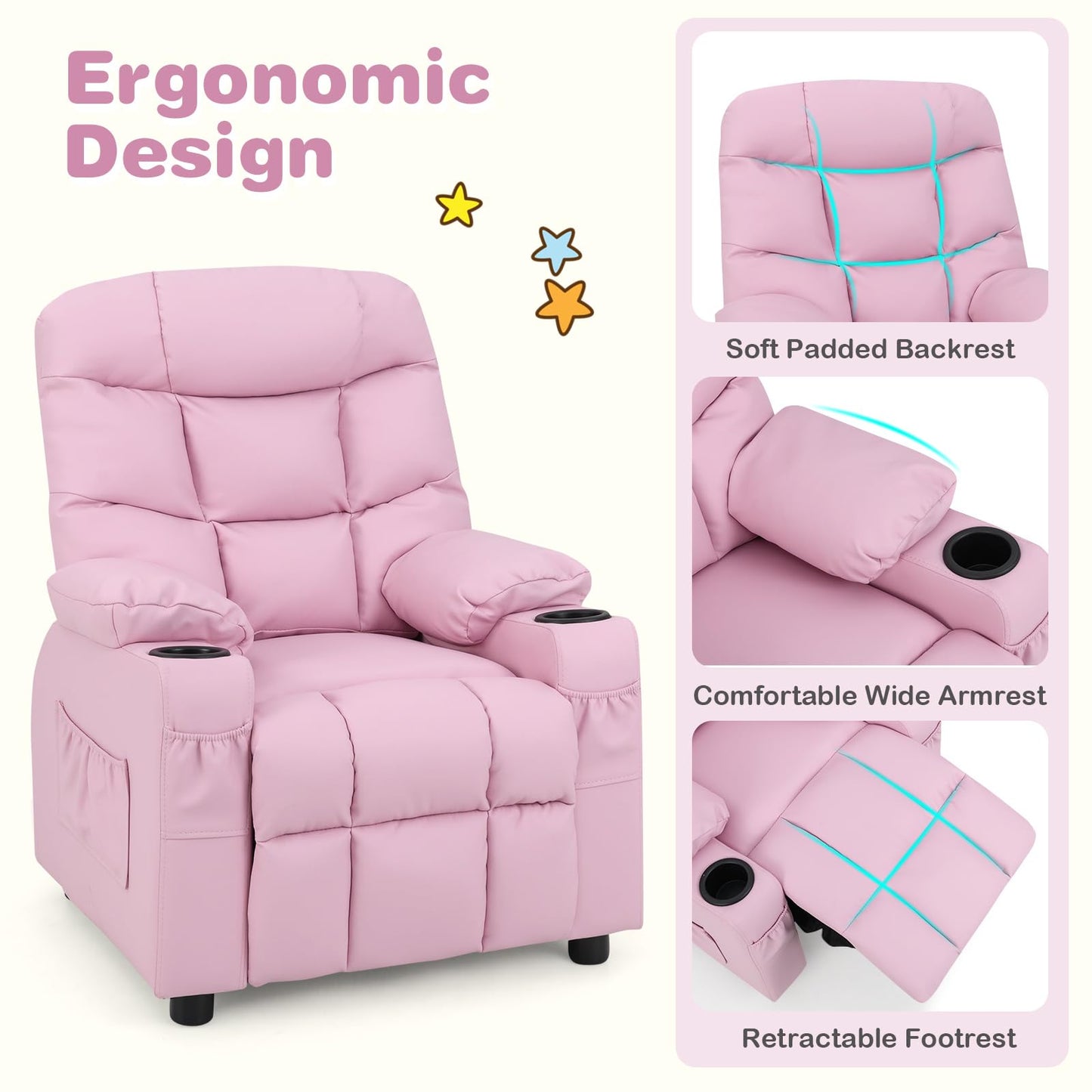Costzon Kids Recliner Chair with Cup Holder, Adjustable Lounge Chair w/Footrest & Side Pockets for Children Boys Girls Room, Ergonomic Toddler Furniture Sofa, Kids Pink Recliner (Pink)