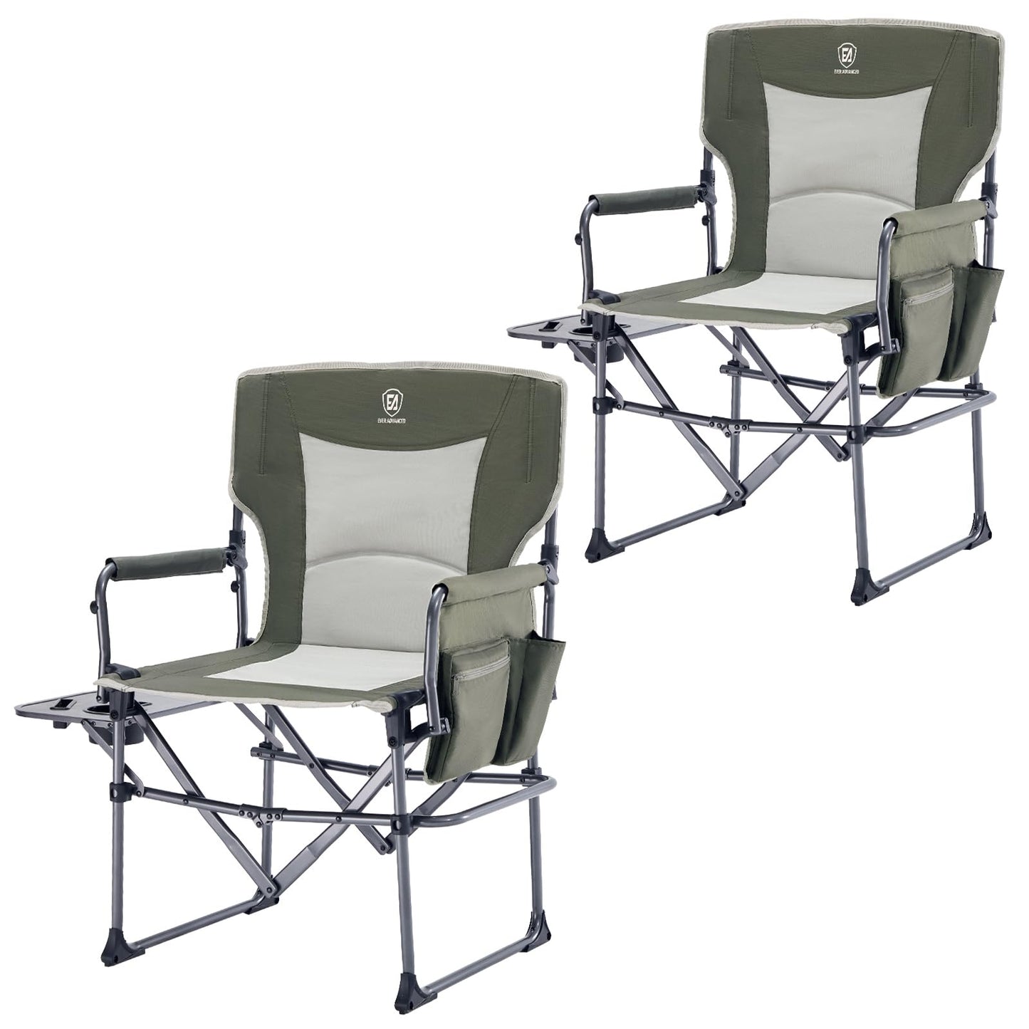 EVER ADVANCED Camping Directors' Chair with Side Table, Portable Folding Chair with Compact Size, Heavy Duty with Pocket for Camping, Lawn, Sports and Fishing, 400lbs, Green 2 Pack