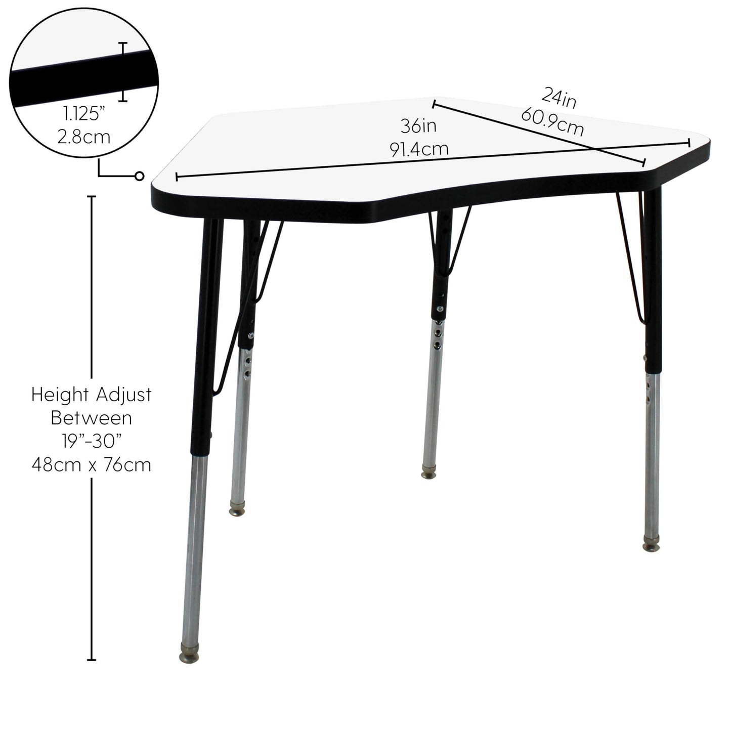 FDP Dry-Erase Petal Activity School and Office Table (24 x 36 inch), Standard Legs with Swivel Glides, Adjustable Height 19-30 inches; Quick Ship Single Box - Whiteboard Top and Black Edge