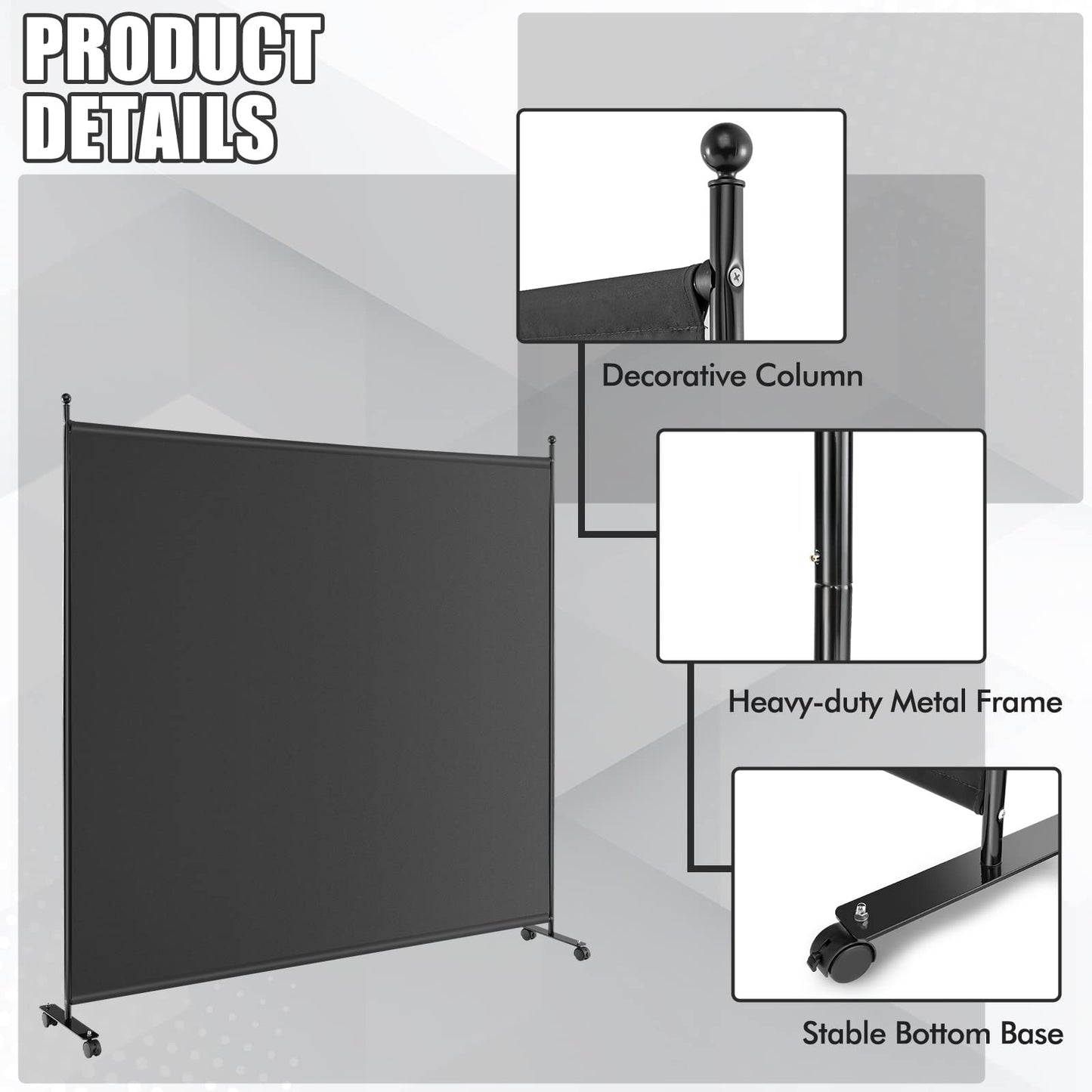 GOFLAME 6FT Single Panel Room Divider, Wide Rolling Privacy Screen with Lockable Wheels, Portable Room Partition Screen, Freestanding Wall Divider and Separator for Home Office, Black