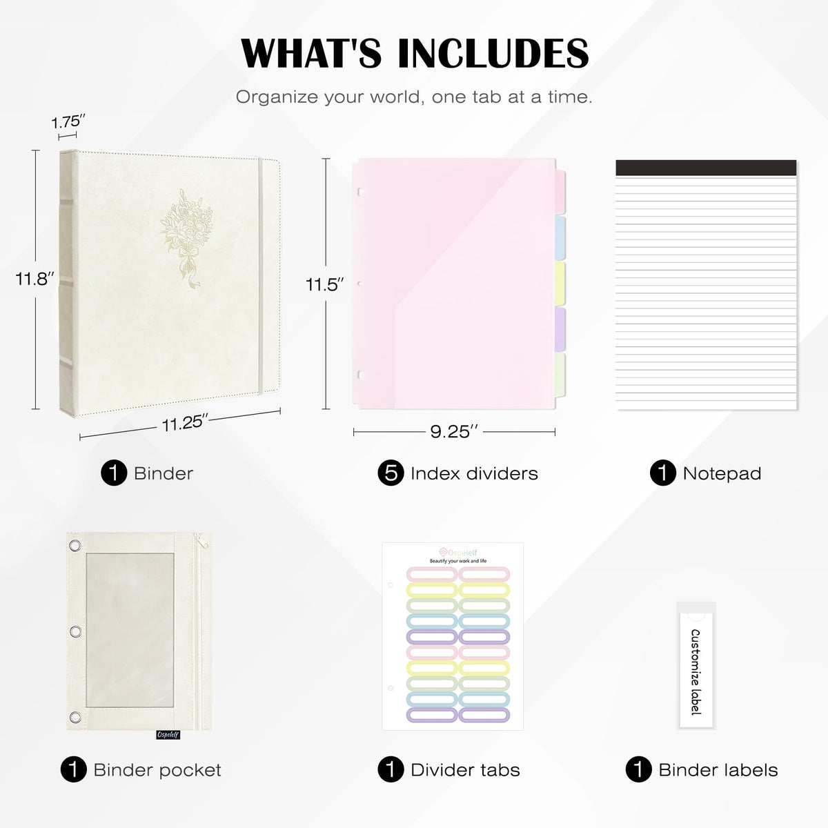 Ospelelf Leather 3 Ring Binder for Letter Size Documents with PVC Pocketed Dividers, Pencil Pouch & Notepad, 1 Inch Round Rings, Holds 175 Sheets, for Office School Home Organization, Flower White