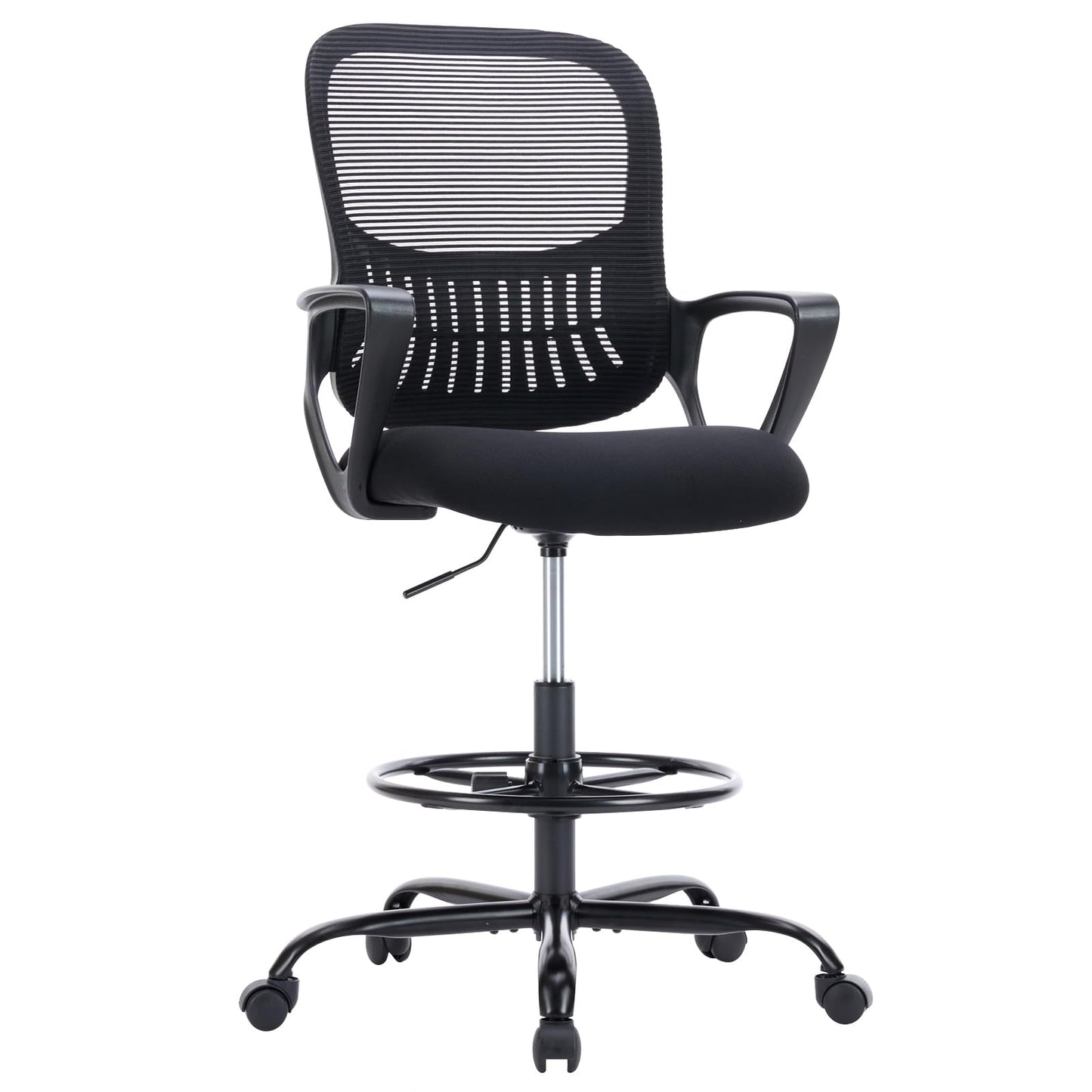 DUMOS Drafting Chair - Counter Height Adjustable Tall Office Desk Chair with Fixed Armrests and Comfortable Lumbar Support for Standing Desk, for Bedroom Livingroom, Black