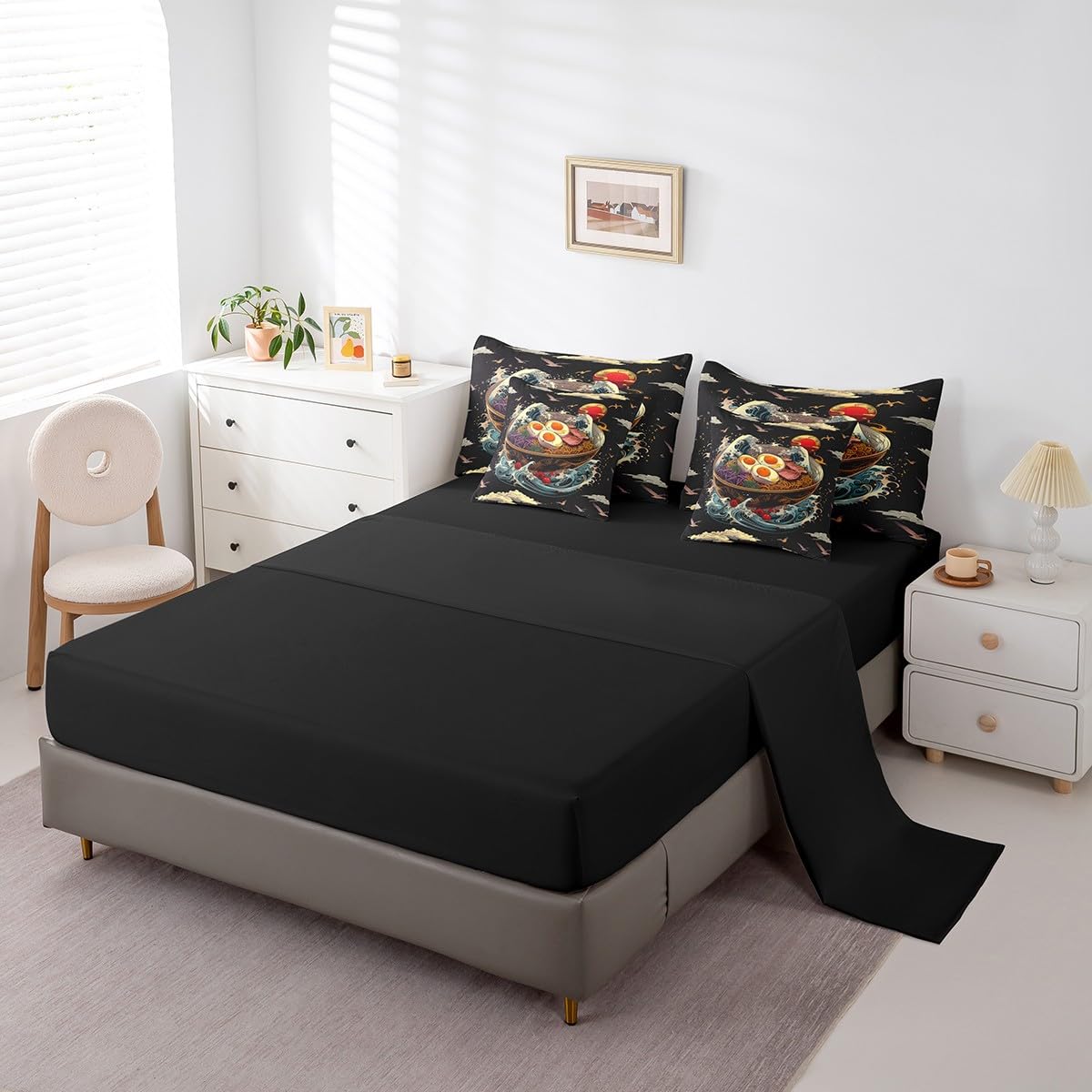 Erosebridal Ramen Noodle Queen Bedding Set,Japanese Ocean Waves Bed Set 7 Piece Funny Food Gifts for Ramen Lovers,Japanese Crane Comforter Set with Fitted+Flat Sheet,Pillowcases,Throw Pillow Covers