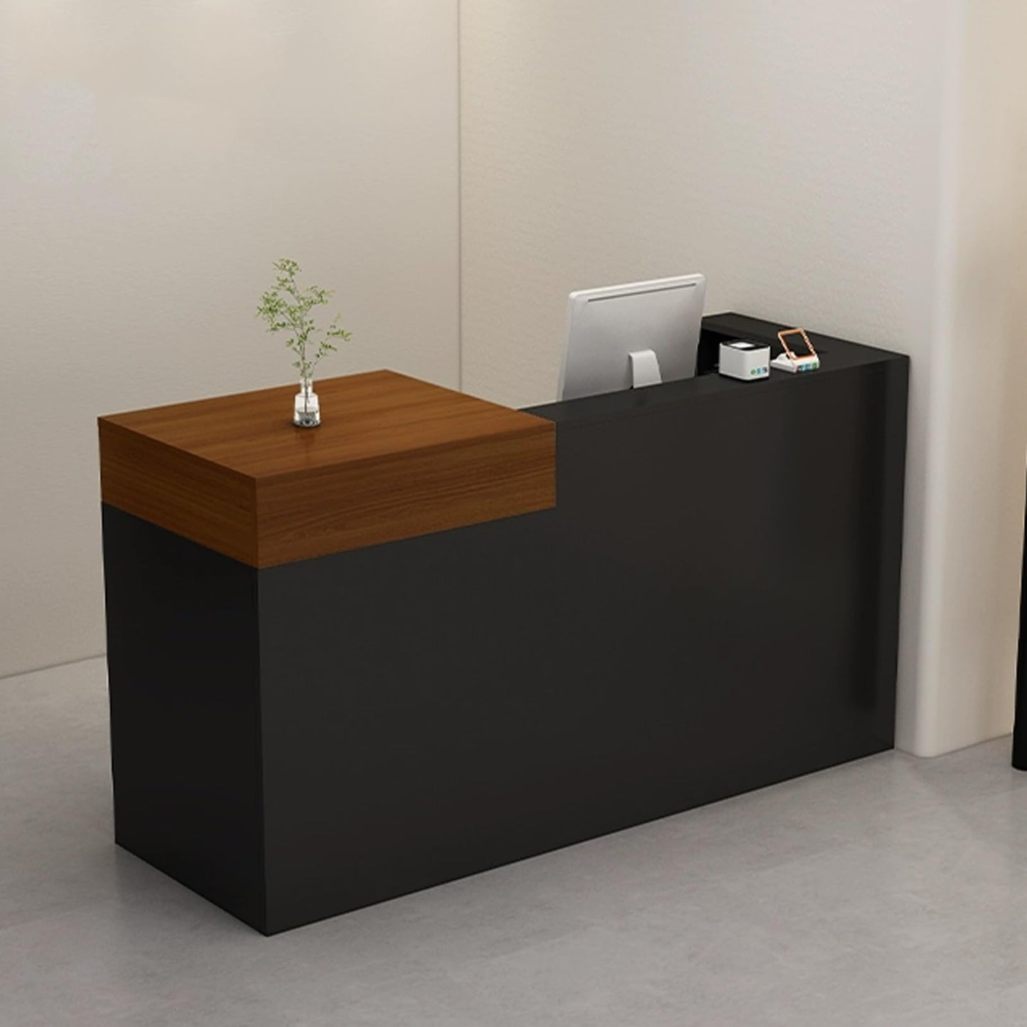 Lockable Reception Desk, Modern Wood Front Counter, Stylish Black & Teak Design, 100cm for Retail Checkout, Ideal for Convenience Stores, Clothing Shops & Salons