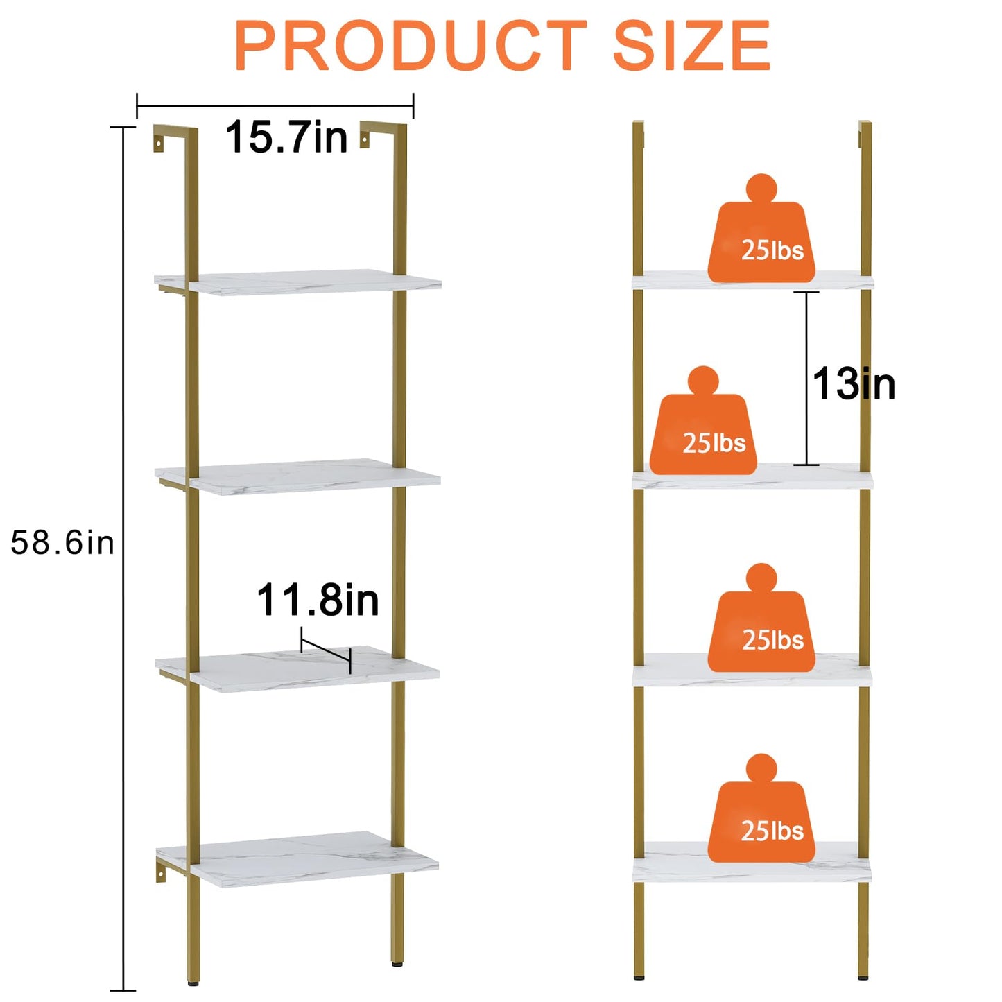 Wolawu Ladder Shelf 4 Tiers Metal Industrial Bookshelf,White Marble Wood Tall Open Storage Rack and Display Shelves,Wall Mount Wide Book Case for Home Office Bedroom,Small