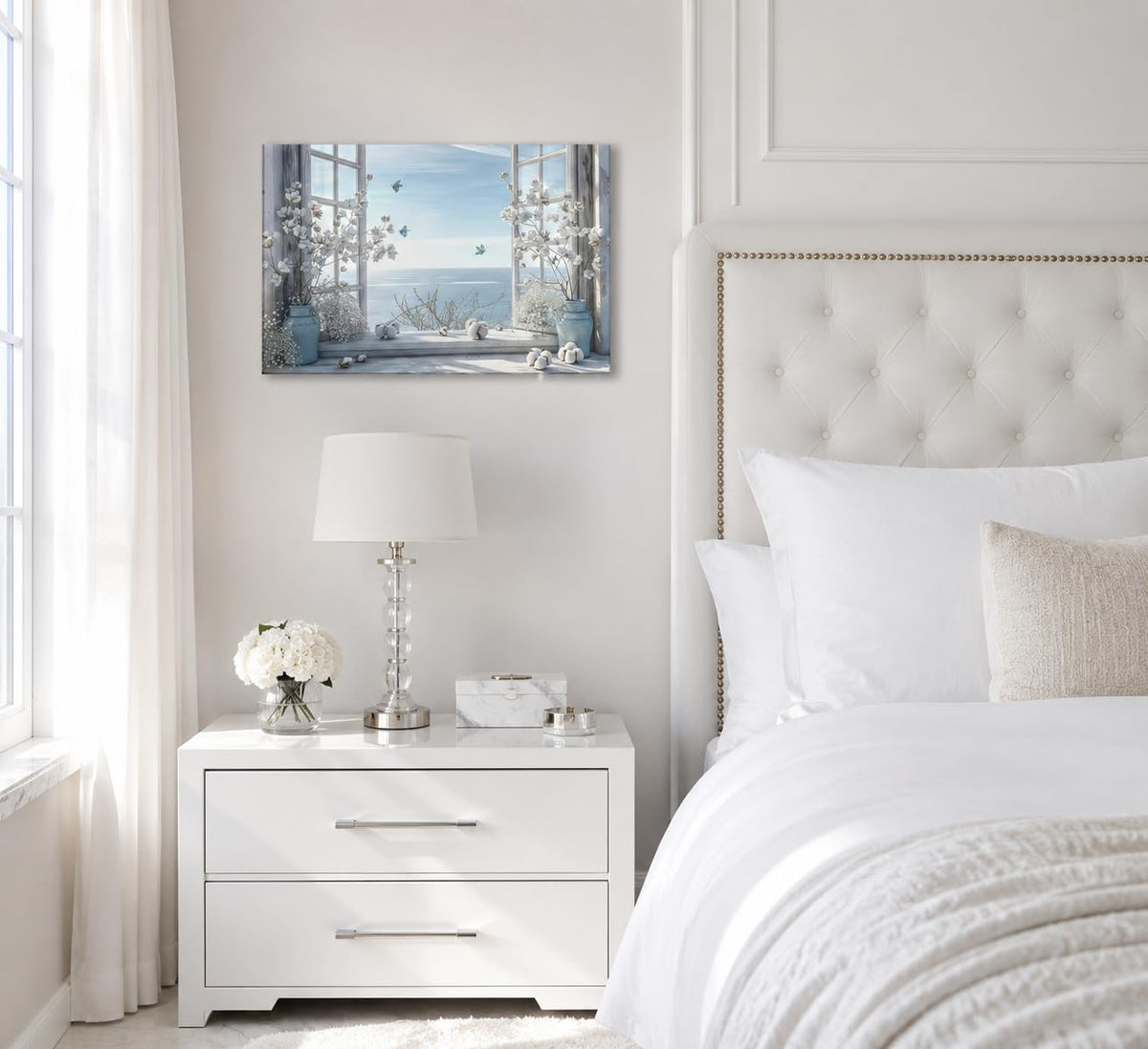 Coastal Flower Bathroom Canvas Wall Art Farmhouse Cotton Bouquet and Butterfly Bathroom on Window Wall Decor Rustic Blue Beach Butterfly Poster Print for Living Room Bedroom Restroom Home Decoration