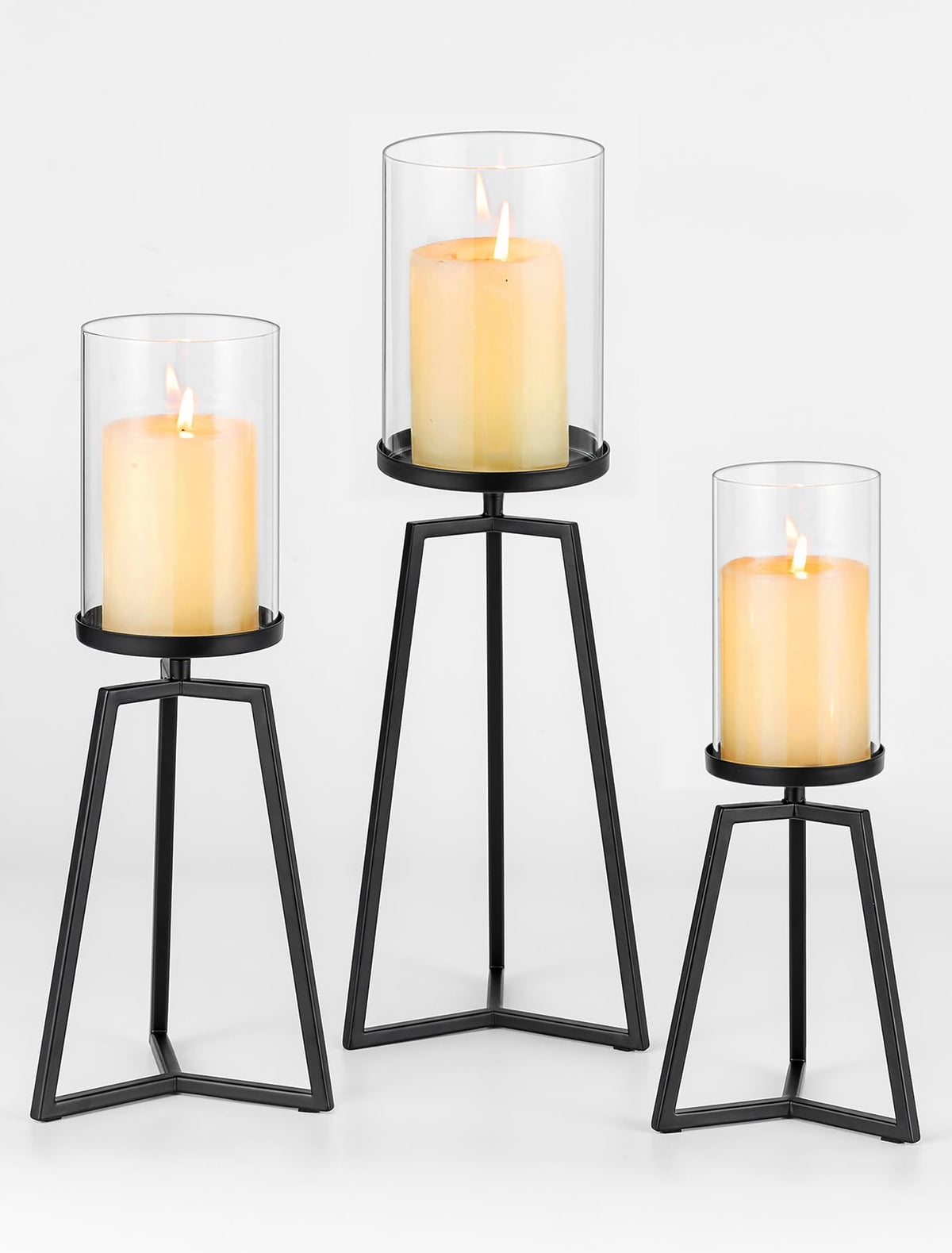 Sziqiqi Pillar Candle Holders Black: Set of 3 Metal Candleholder - Geometric Candle Stands with Hurricane Glass for Indoor Outdoor Dining Table Decor
