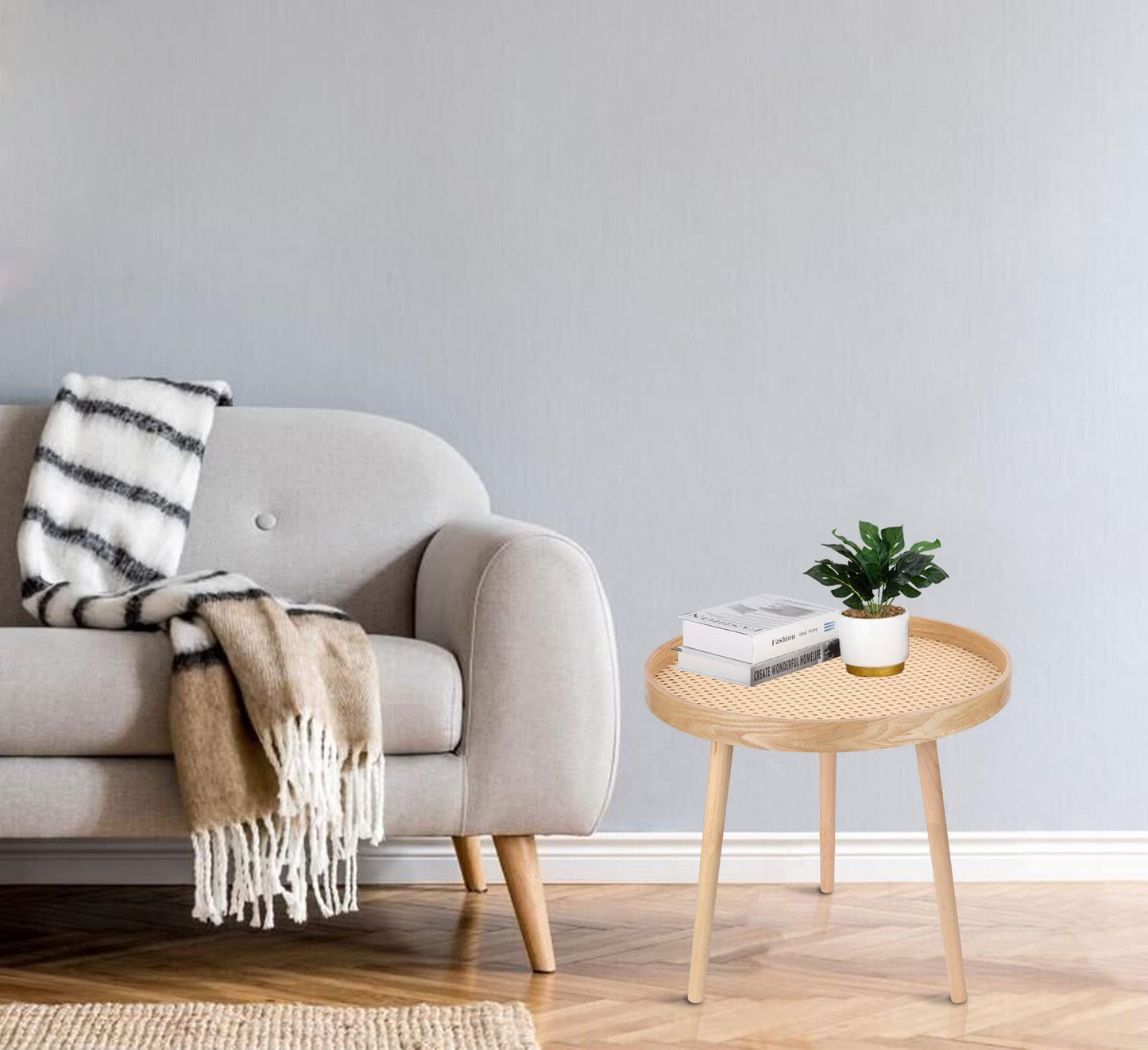 Round Coffee Table Set of 2, Natural Boho Coffee Tables, Small Mid Century Modern Rattan Coffee Table, Boho Side Table End Tables for Living Room Bedroom Office