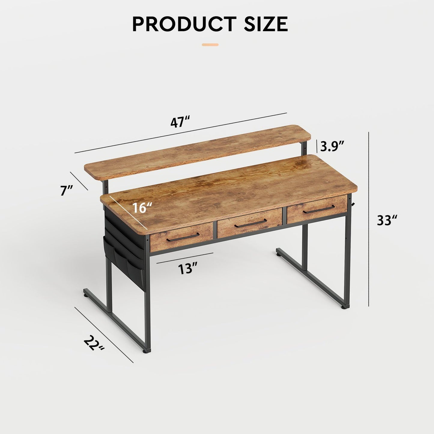 Maihail Computer Desk with Drawers, 47.2X15.8-22.9 Inches Office Computer Desk with Side Pocket & Ergonomic Monitor Stand, Writing Table for Small Spaces, Bedroom, Rustic Brown