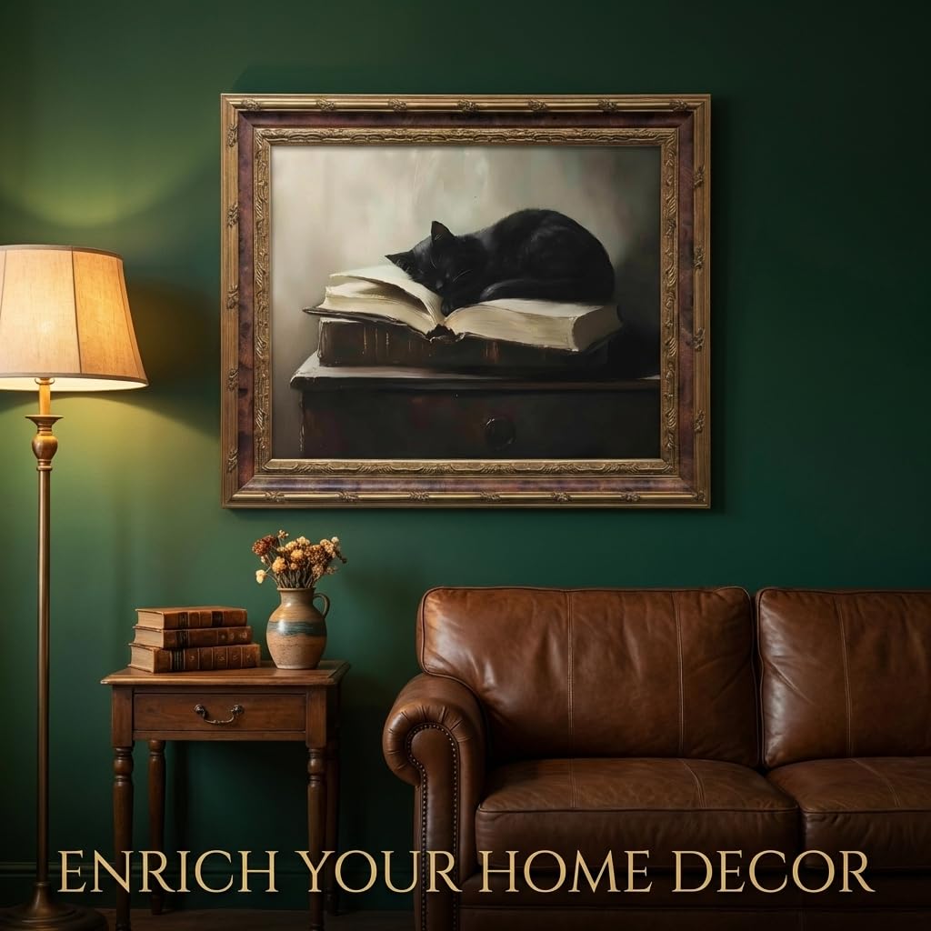 Framed Vintage Black Cat Wall Art Canvas Print Retro Animal Painting Picture Moody Rustic Farmhouse Artwork for Living Room Bedroom Office, Ready to Hang 8x10 Inches