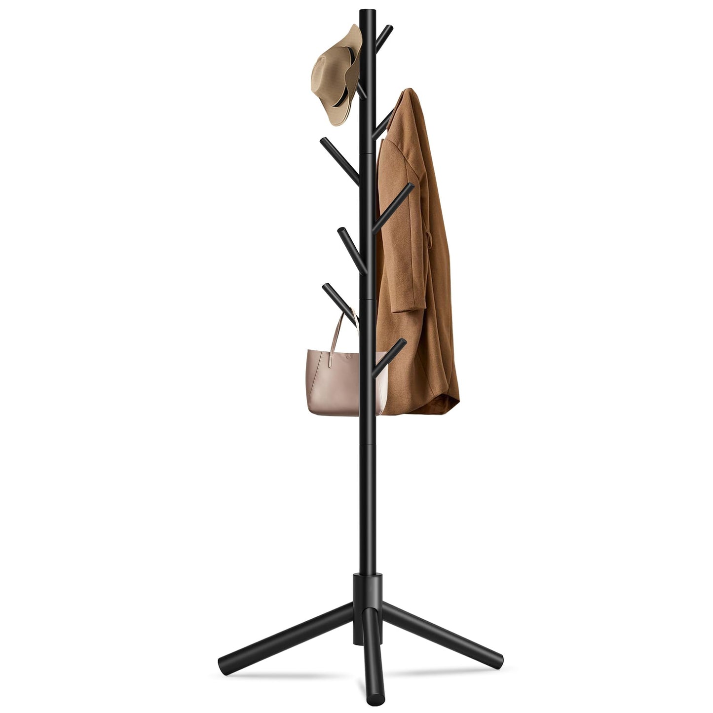 Unisakey Durable Wooden Coat Rack, Freestanding Coat Rack with Stable Triangular Base, 8 Hooks & 3 Adjustable Heights, Simple Assembly for Bedroom, Hallway, Office(New Black)