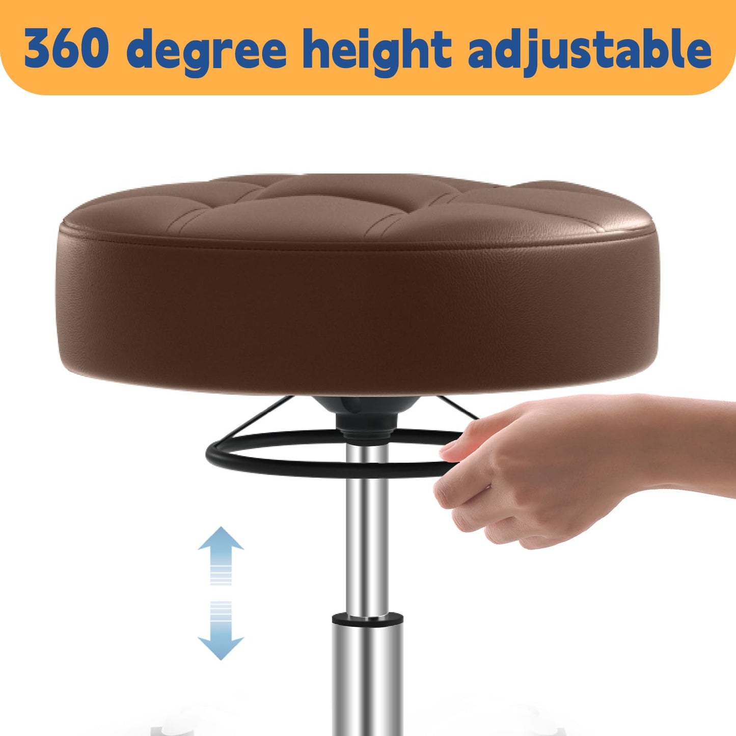 Rolling Stool Heavy Duty 400lb: Super Soft Seat Cushion,360° Swive,Height Adjustability,No Squeaky Noises,No Tip Over,New Upgraded Stool Salon stool Chair, Tattoo Facial Massage Spa Medical (Brown)