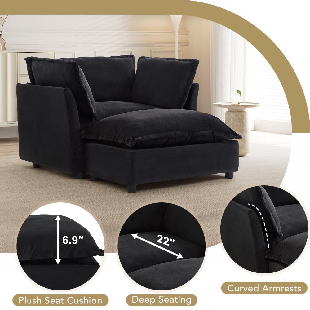 Asmeten Modern Armchair Sofa 47" Cozy Upholstered Sofa Chair with Movable Ottoman, Wide Seat, Curved Armrests and Soft Pillows for Living Room, Bedroom,Green (Black + Chenille + Foam + 2 Seat)