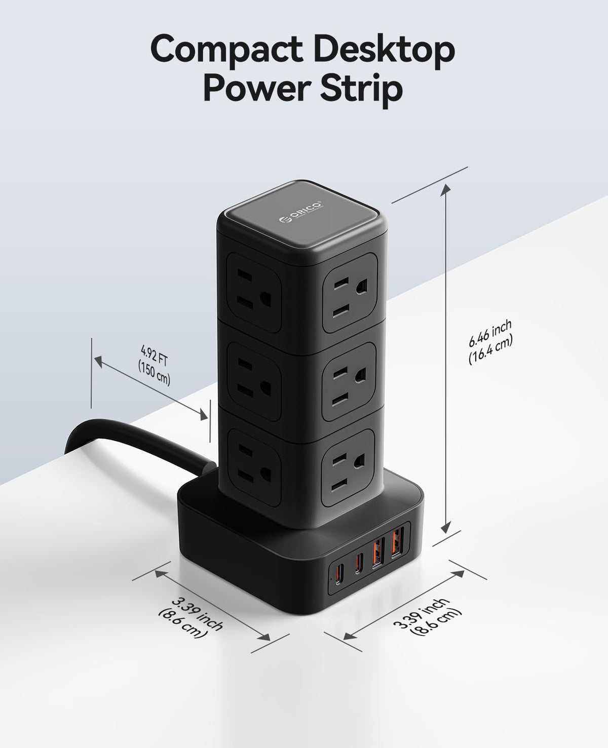 ORICO Tower Power Strip with Surge Protection, Charging Station Tower with 12 AC Outlets 4 USB Ports (2 USB C), Space Saving Design, 5FT Tower Extension Cord for Home, Office, Dorm - TPP20