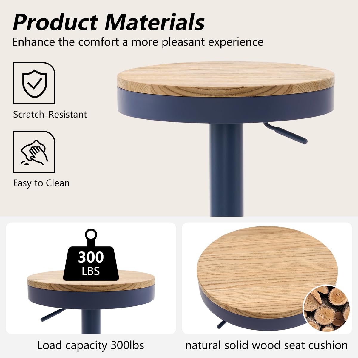 Kidol & Shellder Bar Stools Set of 2 Round Adjustable Swivel Barstools Modern Backless Bar Chairs Wooden Seat Counter Height Stools Armless for Kitchen Island, Cafe, Dining Room Blue