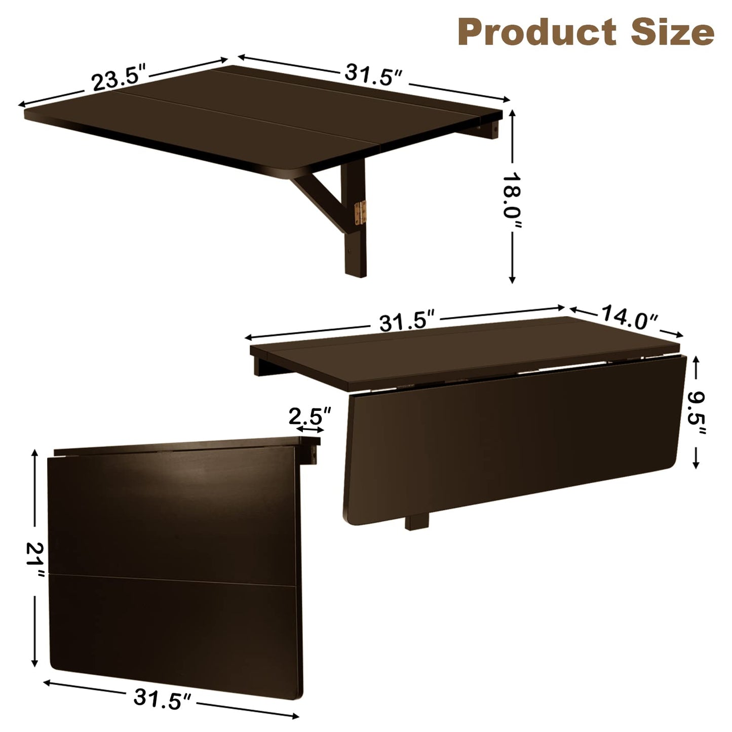 COSTWAY Wall Mounted Folding Table, 31.5" x 23.5" Drop-Leaf Floating Writing Desk for Small Spaces, Space-Saving Fold Down Laptop Workstation for Kitchen, Bedroom, Laundry Room, Study Room (Brown)