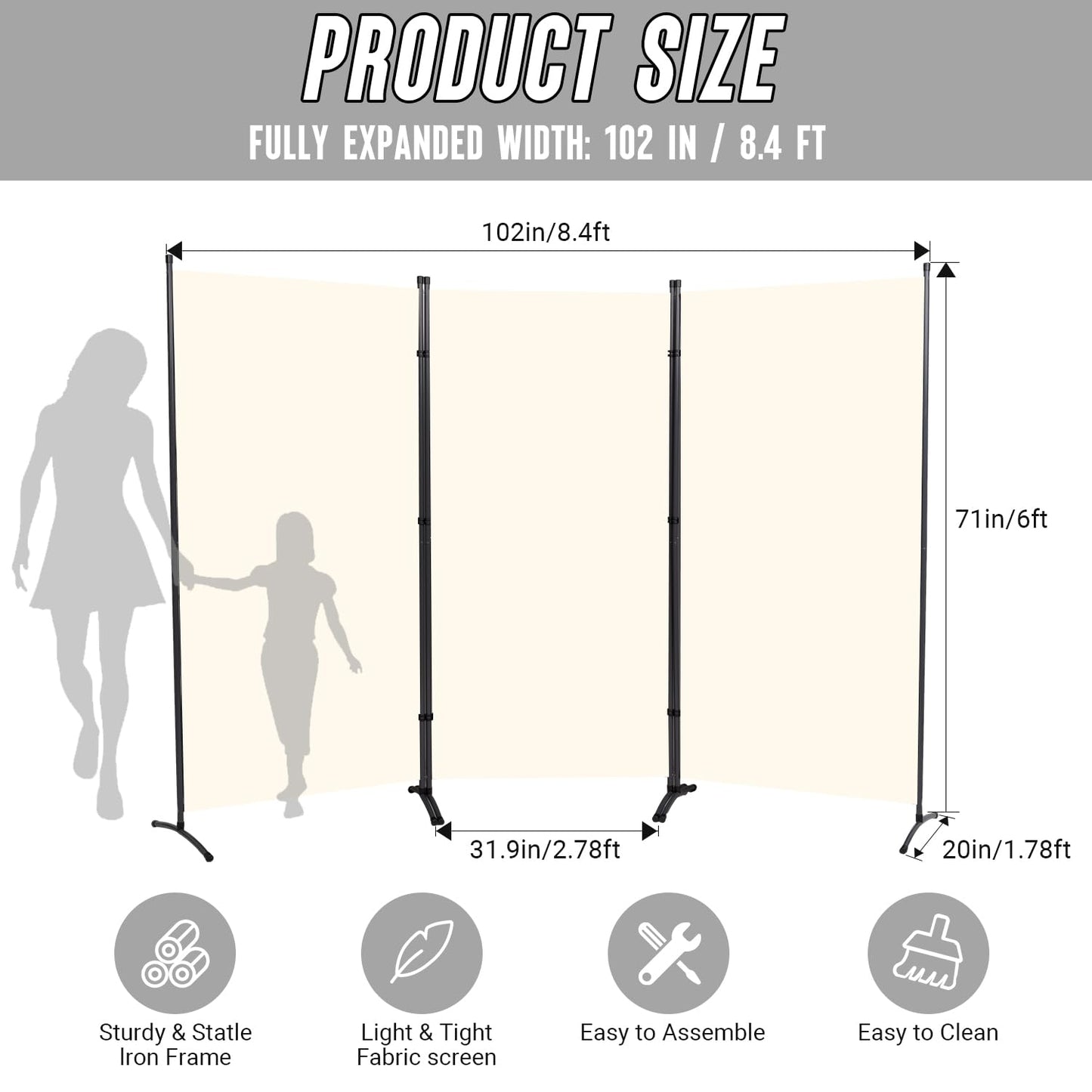 JVVMNJLK Indoor Room Divider, Portable Office Divider Room Divider Wall Divider Screen 3 Panel, Folding Partition Privacy Screen Walls Dividers for Room Separator 102" W x 71.3" H,Beige