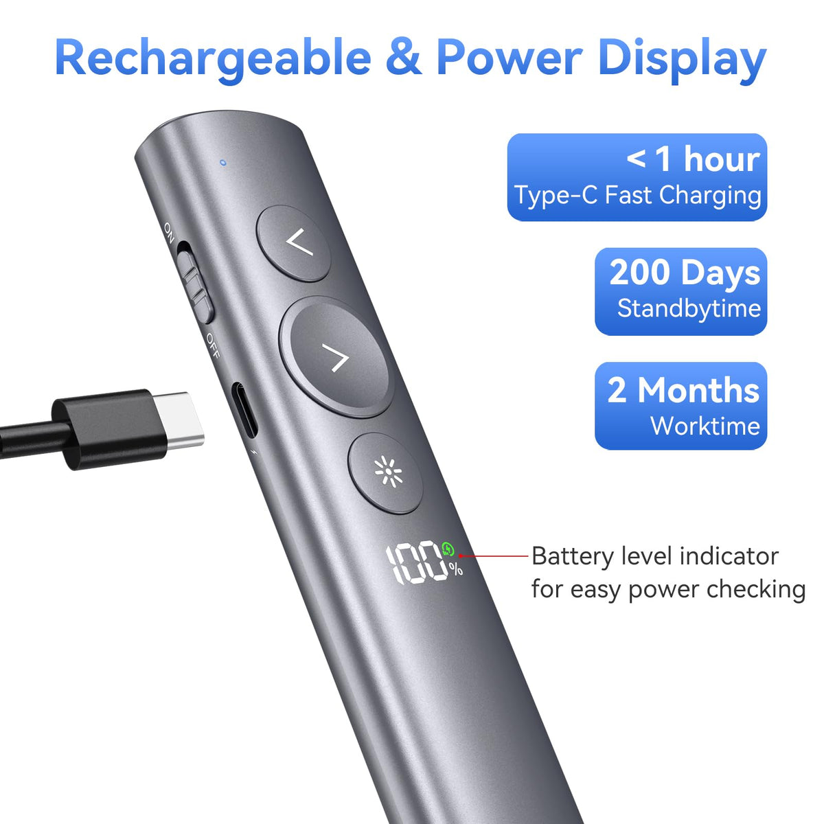 (2 Unit) Power Display Wireless Presenter Remote, Rechargeable Presentation Clicker with Red Laser Pointer for PowerPoint, Slide Advancer for Mac, Windows, Laptop, Classroom, Office