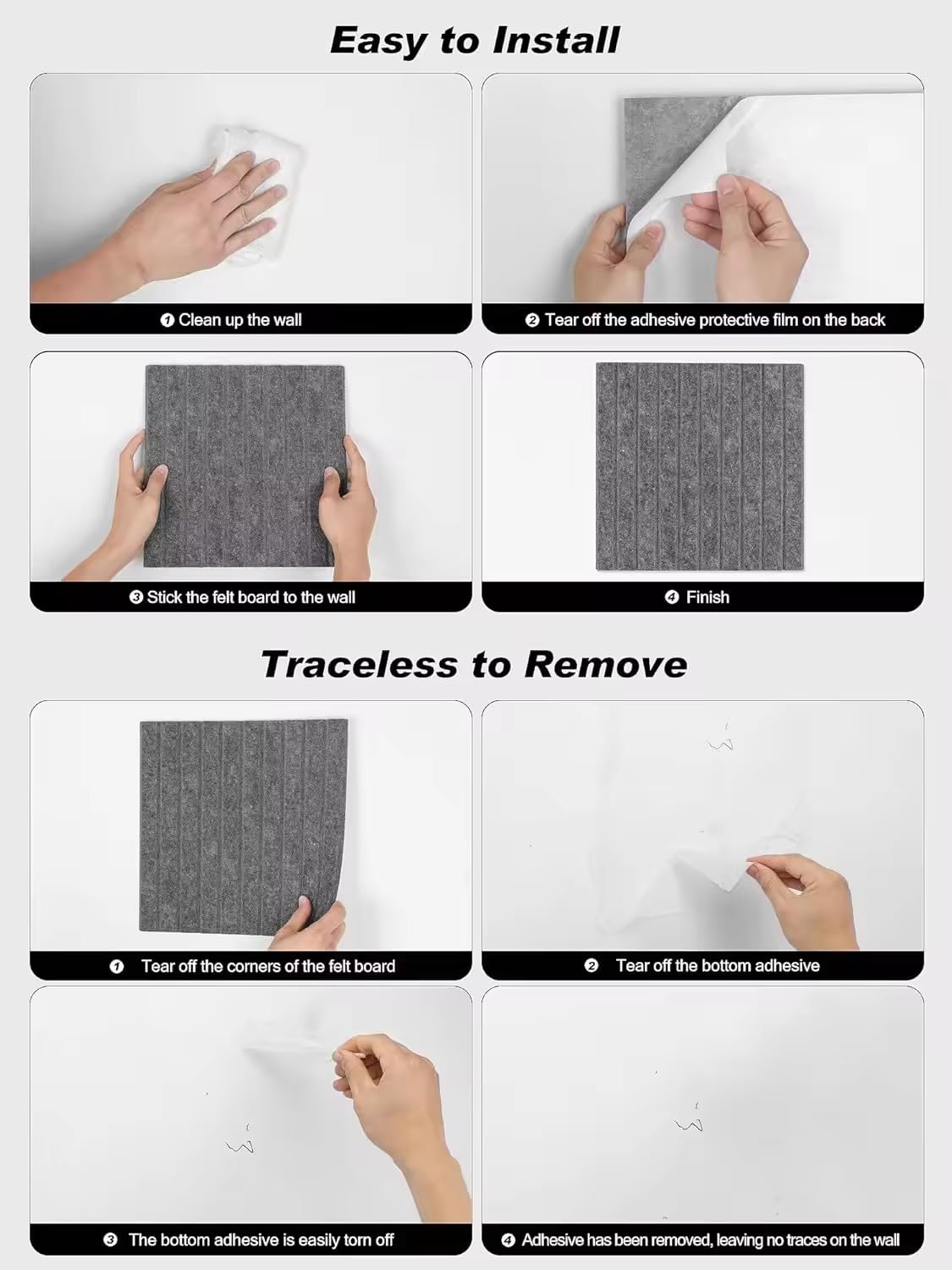 Felt Bulletin Board 36"x 24"-6 Felt Tiles Cork Board Wall Panels Home Office Wall Fabric Pin Board for Classroom/Kids Art Display/Photo Picture Wall/Acoustic,Self-Adhesive,Black