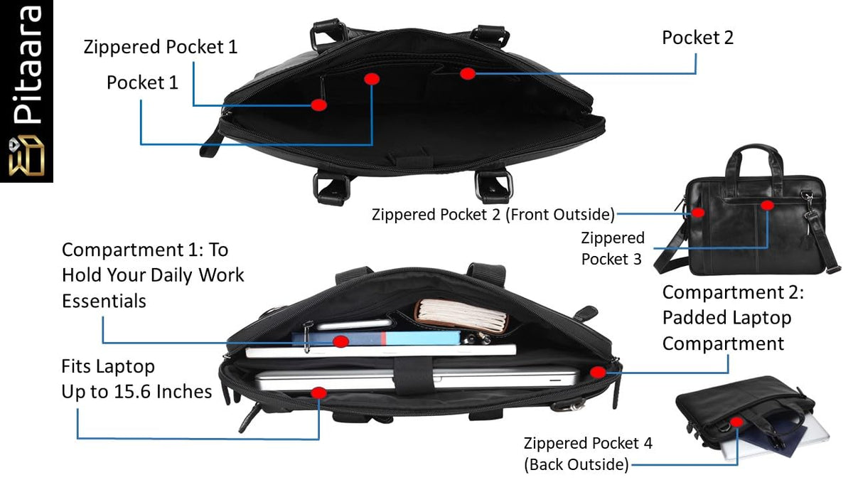 Pitaara Genuine Leather Messenger Laptop Bag For Men And Women, Black Briefcase, Fits Laptop Size 16", Unisex