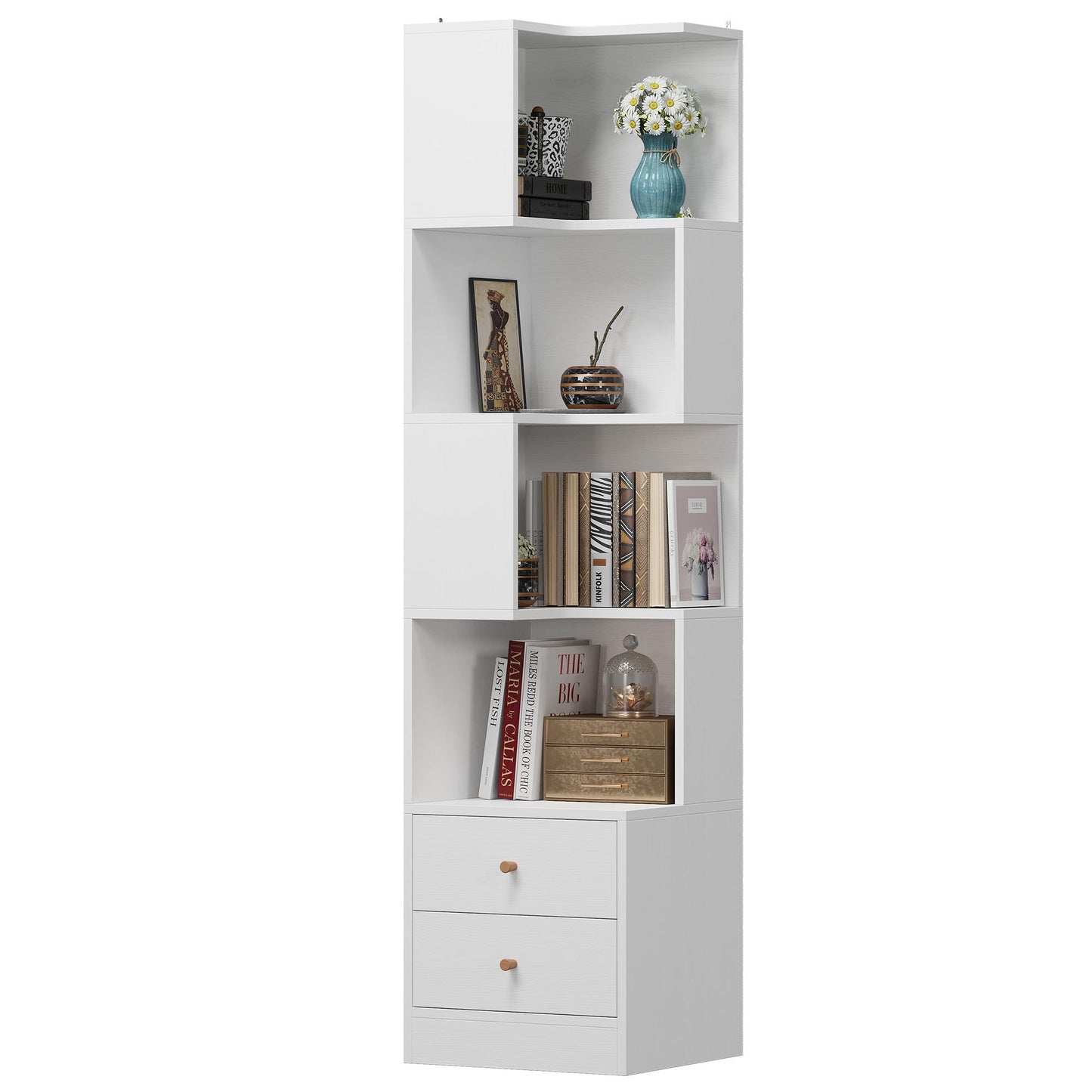 IRONCK Corner Bookshelf, 70.87" Tall Corner Bookcase with Drawers, Corner Shelf Storage Display Rack for Living Room Home Office, White