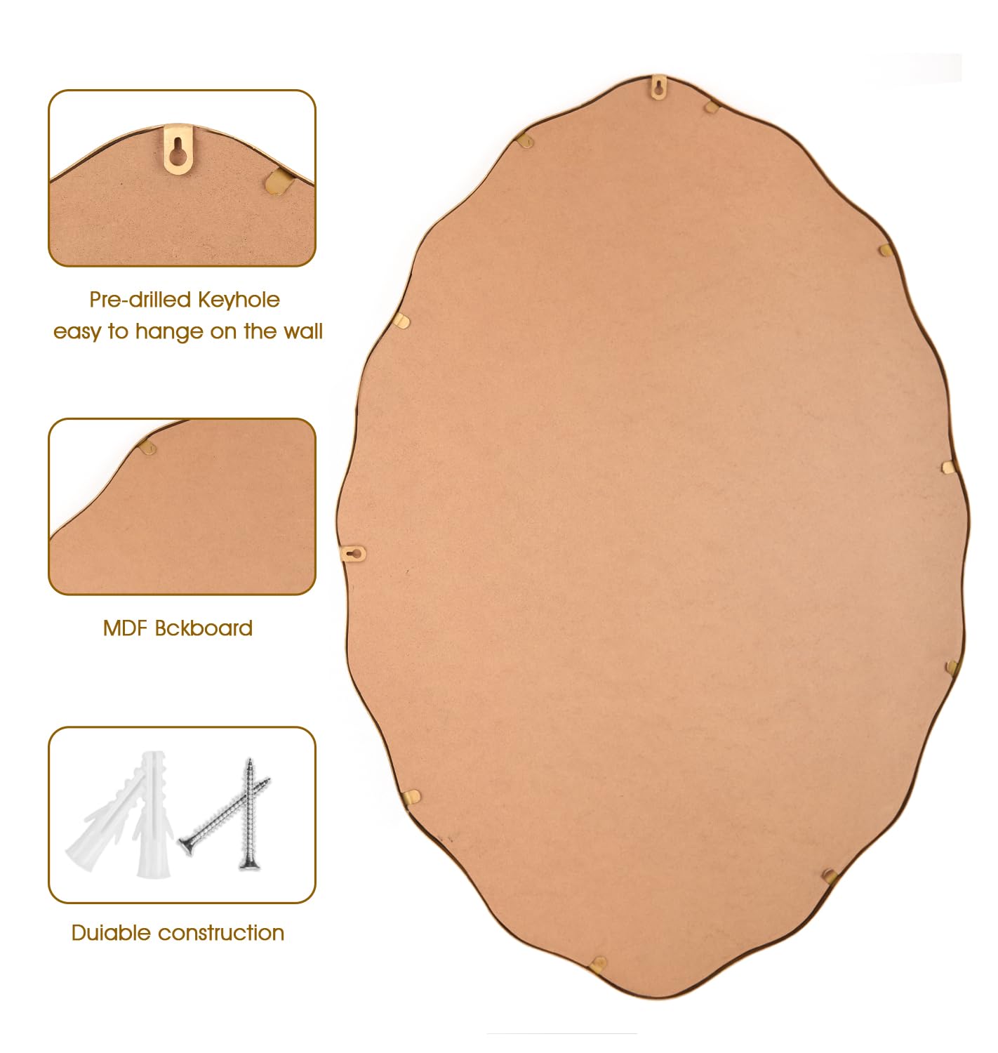 Varsoul 20 * 30 Inch Brushed Gold Oval Ripple Bathroom Mirror Wall Mounted Large Modern Countryside Suitable for Washroom, Bedroom, Living Room, Entryway