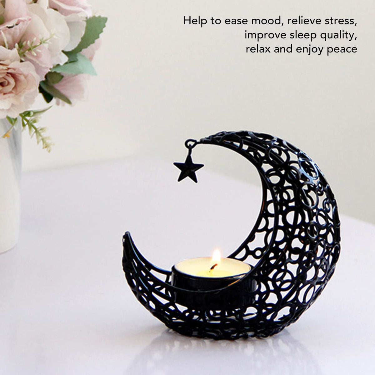 Candle Holder, Moon Candle Holder, Hollowed Iron Candle Holder, Ornament Weddings, Christmas Decoration, Dining Table, Coffee Table (Black)