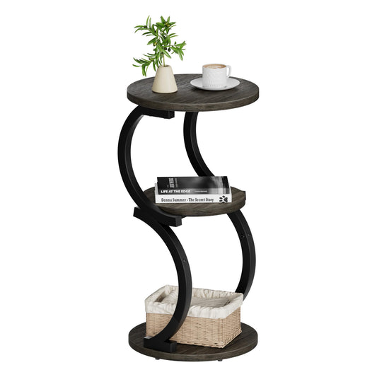 JUSTOGO Small Round Side Table, 3-Tier End Table for Living Room, Vintage Nightstand for Small Spaces Sofa Couch Corner Bedside Bedroom, S-Shaped Wood Accent Table Matel Coffee Table, Charcoal Grey
