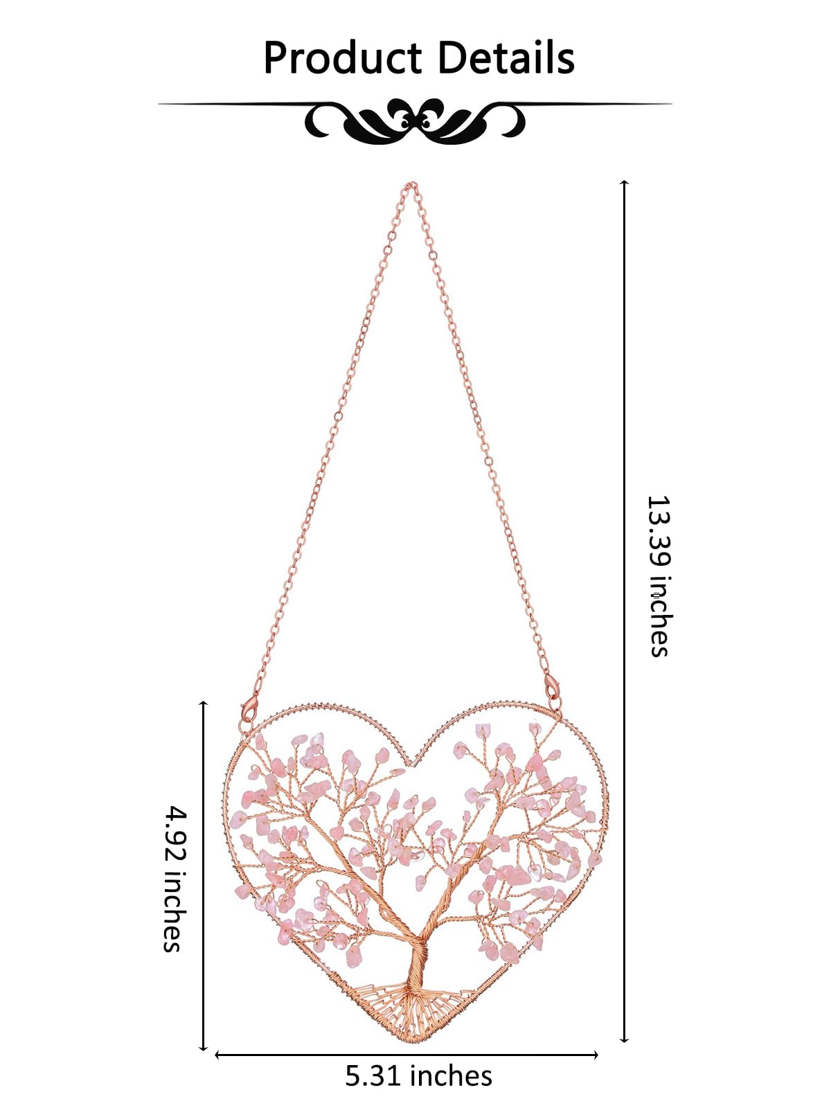 CrystalTears Rose Quartz Crystal Tree Life Heart Hanging Ornament for Home Wall Window Room Decor, Healing Crystals Gemstone Wall Hanger, Positive Crystal Gifts for Women Mom Birthday Christmas