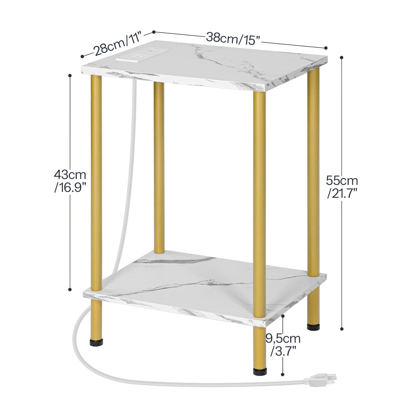HOOBRO Side Table with Charging Station, End Table with USB Port and Outlet, Nightstand with 2-Layer Storage Shelves for Small Spaces, Living Room, Bedroom, Stable Frame, Gold and Marble DM09UBZ01