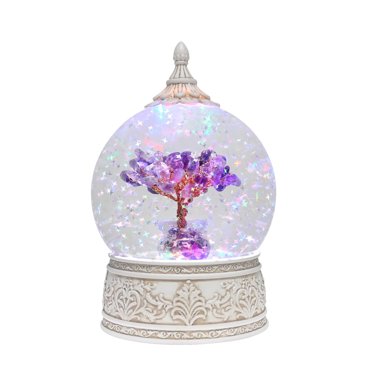 Amethyst Healing Crystal Tree Globe with Colorful Lights and Sparkling Glitter, Natural Gemstone Base, Spiritual Meditation, Positive Energy Good Luck, Home Decor, Birthday Gifts (Amethyst)