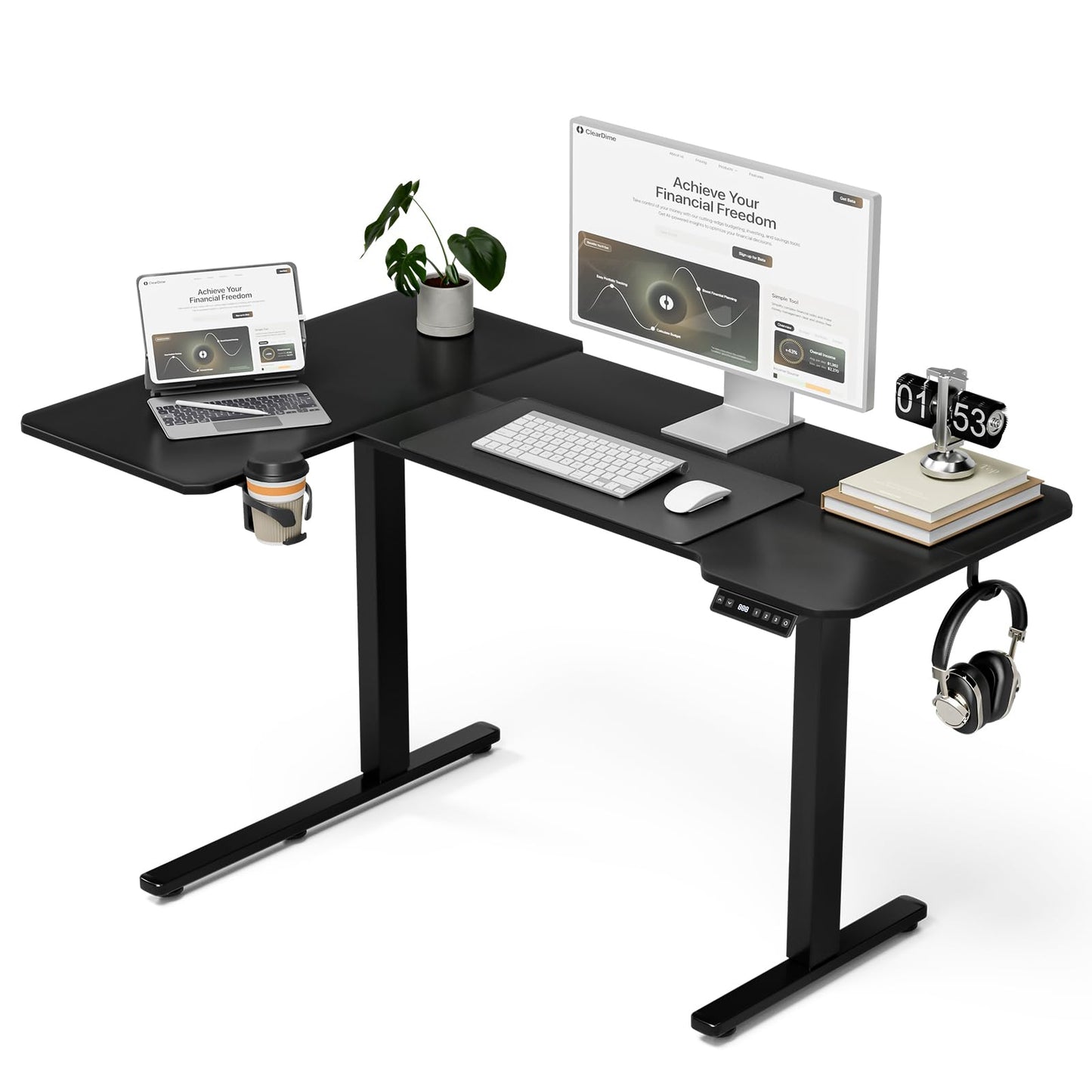Acrolix L Shaped Electric Standing Desk - 51x31.5 Inch Reversible Corner Sit Stand Desk with Hook&Cup Holder,Electric Height Adjustable Table,for Small Home Office&Bedroom Computer Desk, Black