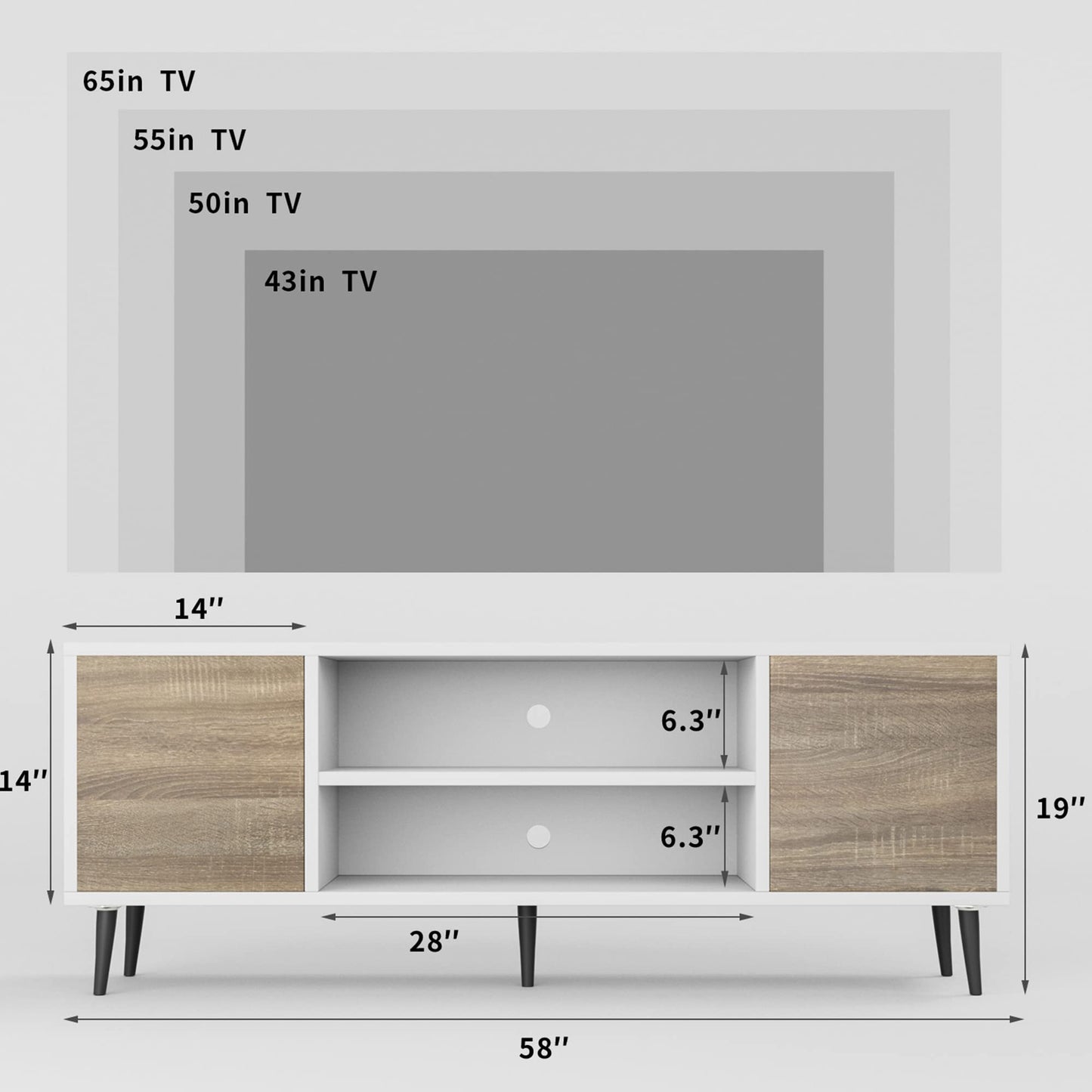 JUMMICO TV Stand for 65 Inch TV, Mid Century Modern TV Stand, Entertainment Center with Storage Cabinet and Open Shelves, TV Console Table Media Cabinet for Living Room, and Bedroom (Oak)