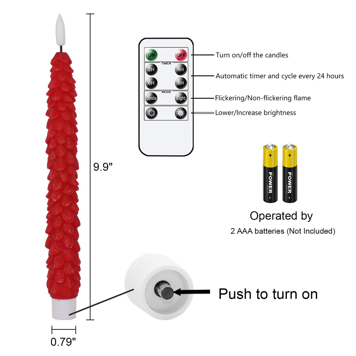DRomance Christmas Tree Flameless Taper Candles Battery Operated with 10-Key Remote and Cycle Timer 4 Pack Real Wax 3D Wick Flickering LED Candlesticks Holiday Decor(Red, 0.79 x 9.9 Inch)