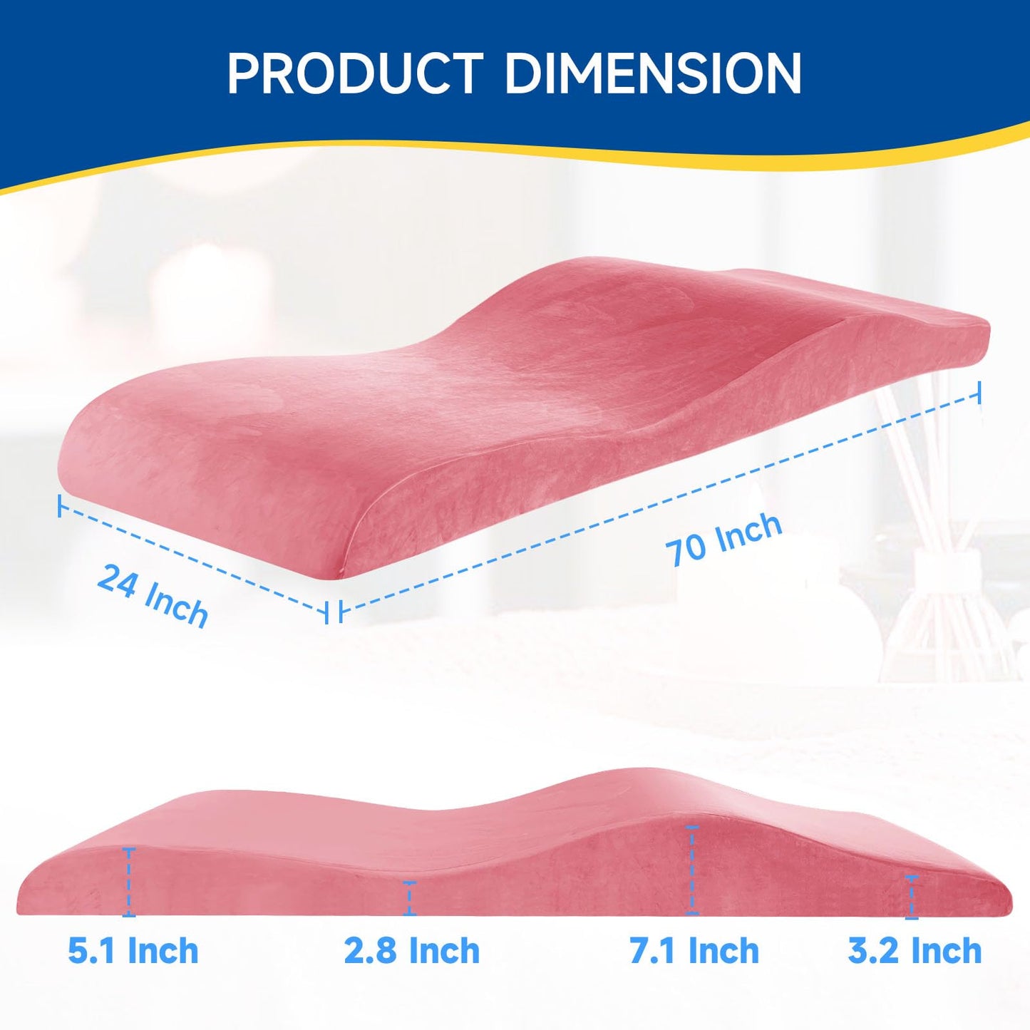 FondleFeeling Ergonomic Curved Lash Bed Topper High Density Memory Foam Massage Table Pad with Soft Plush Velvet Cover, Non Slip Lash Bed Foam Topper for Beauty Salon/Spa/Massage (Pink, 70"×24")